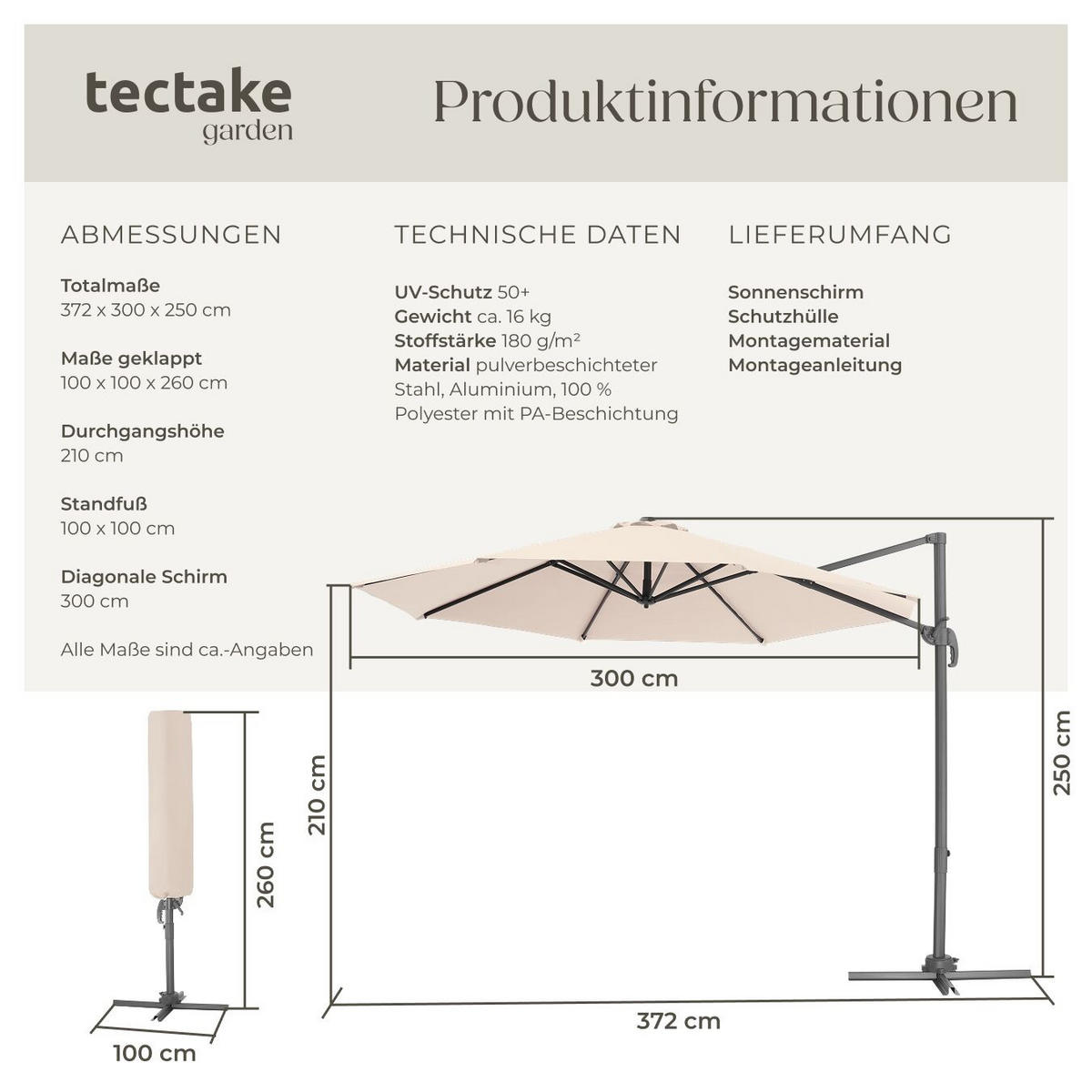 SONNENSCHIRM Daria,UV-Schutz 50+, inklusive Schutzhülle,beige - Beige, Metall (300/372cm) - tectake