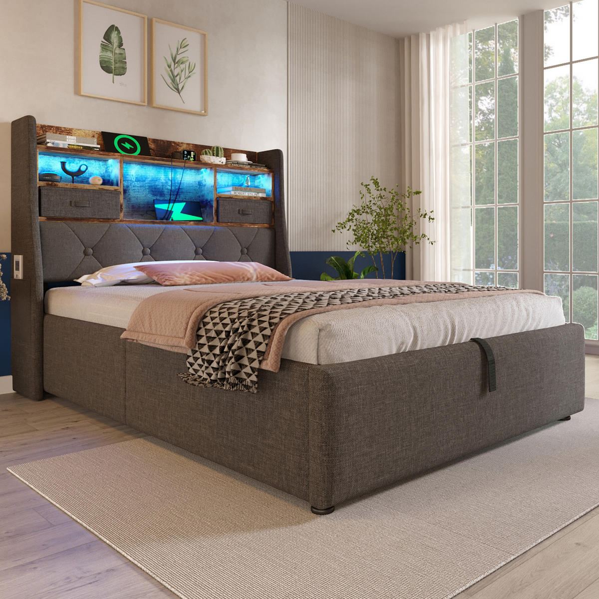 POLSTERBETT 90/200 cm mit LED, USB- und Type-C-Anschlüssen, hydraulischem Stauraum und Matratze, Grau - Grau, Textil (90/200cm) - Redom