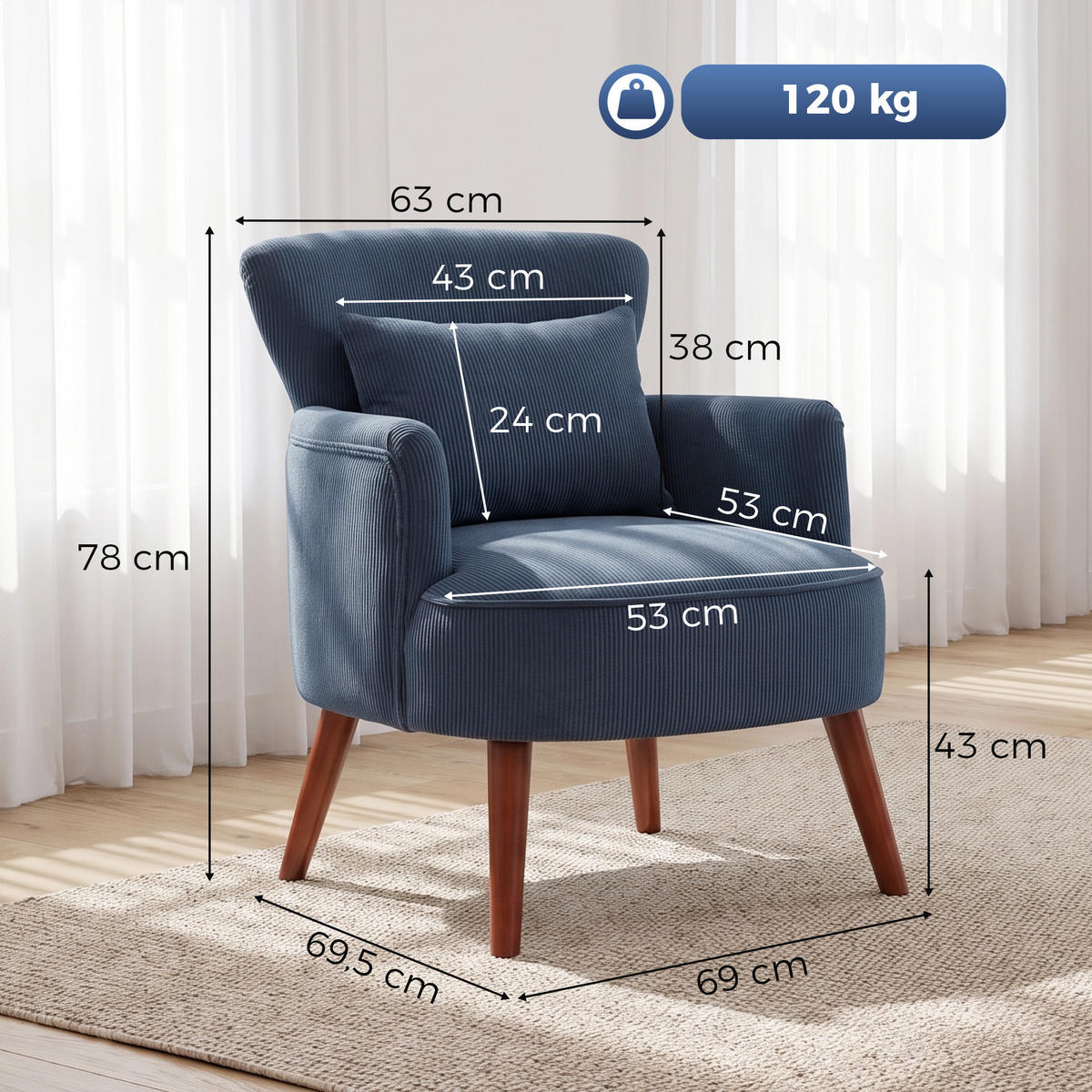 SESSEL Loungesessel mit Armlehnen, Relaxsessel mit Kissen Cordoptik Blau - Blau/Braun, Textil (69/78/69.5cm) - HOMCOM