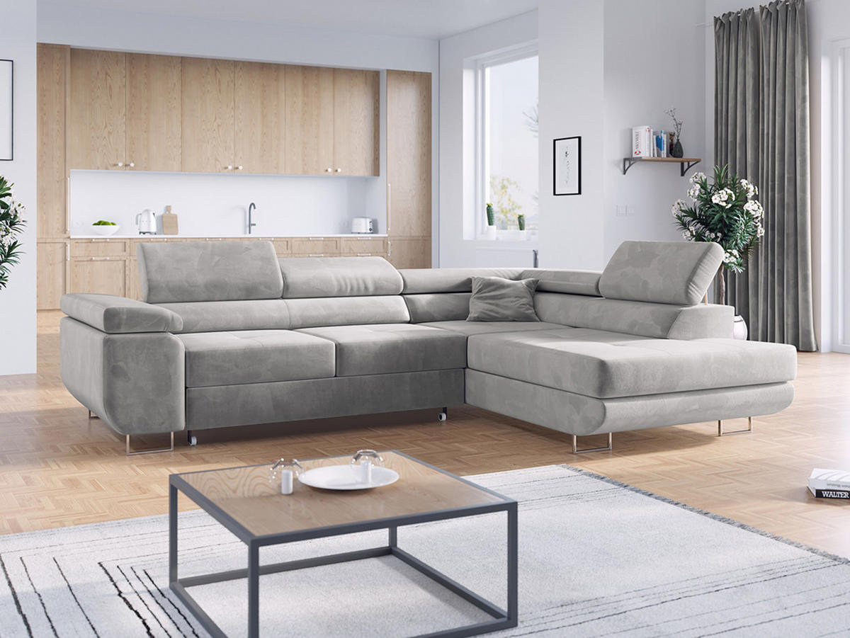 ECKSOFA GUSTAW L Hellgrau Velvet Rechts Seite - Silberfarben/Hellgrau, Textil/Metall (275/205cm) - MKS