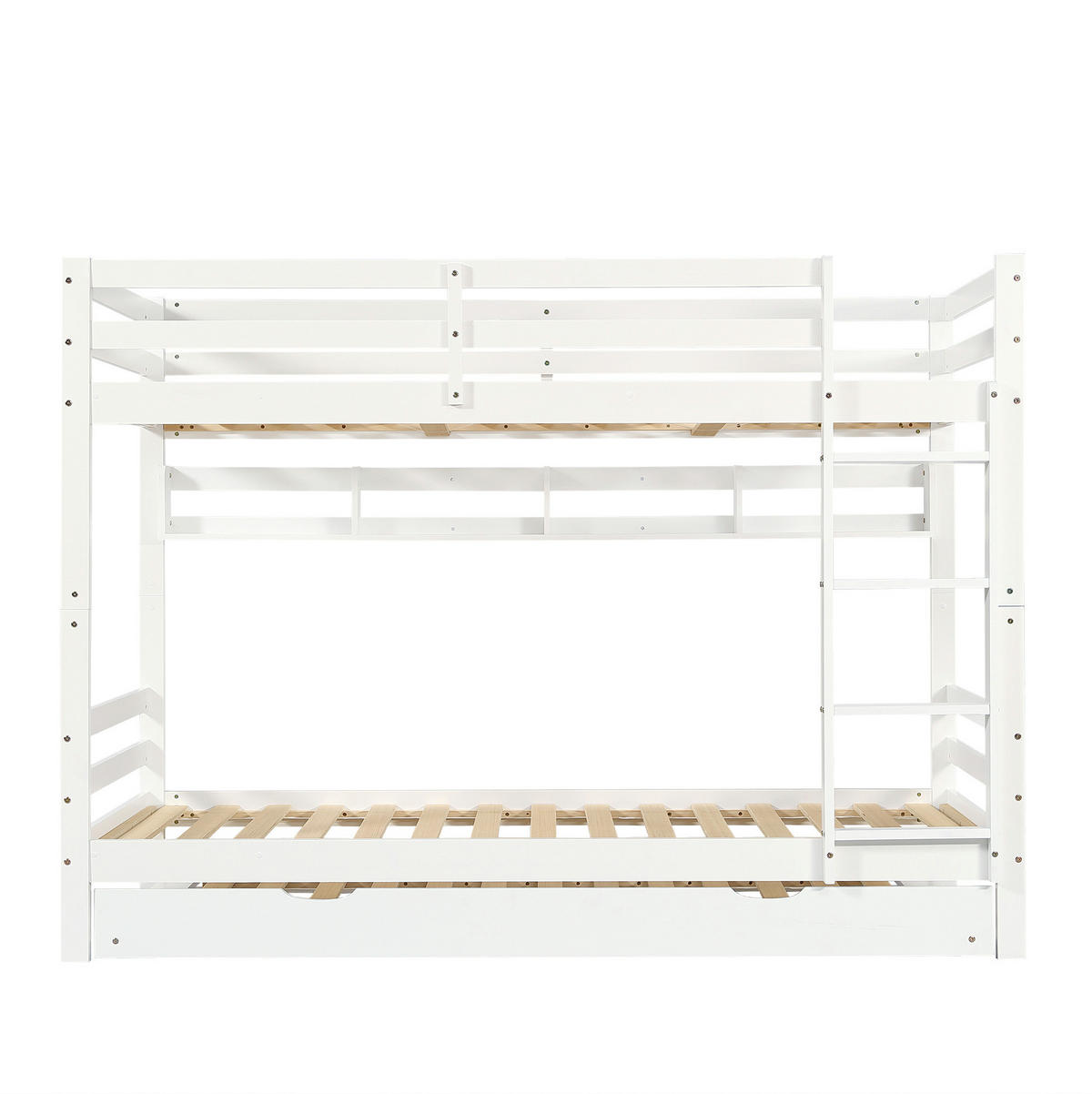 ETAGENBETT aus Kiefer & MDF 90x200 cm in Weiß mit Ausziehbett & Regalen - Weiß, Holzwerkstoff (90/200cm) - Modfu