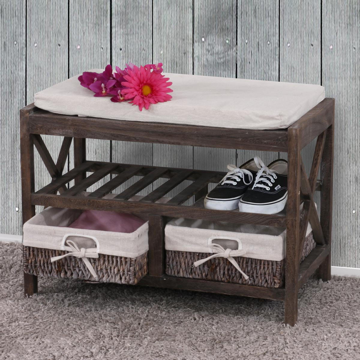 SCHUHREGAL SITZBANK Braun, Cremeweiß - Braun/Weiß, Holz (65/45/34cm) - MCW