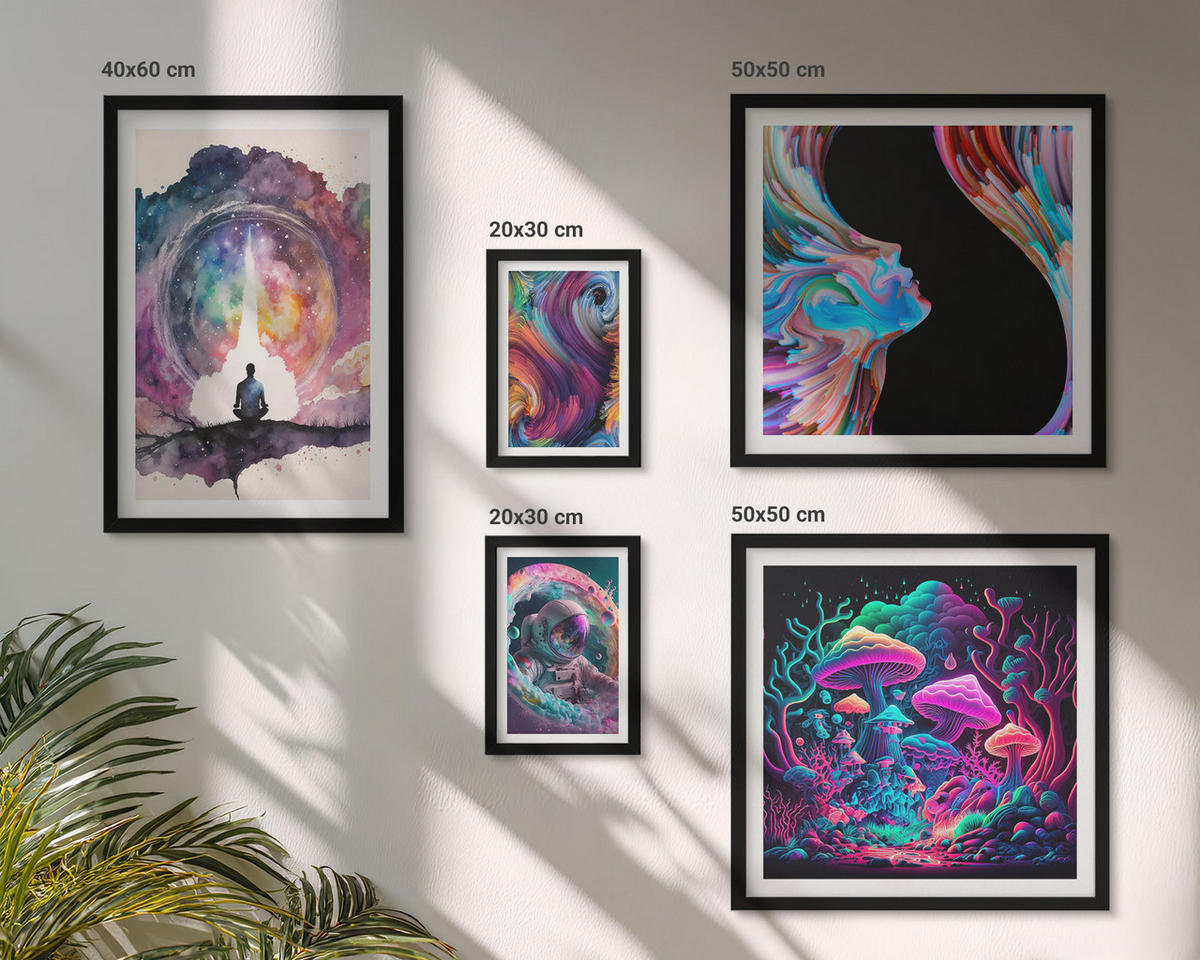WANDBILDER 5er-Set - 50x50 cm & 20x30 cm & 40x60 cm Schwarzer Rahmen - Farbenfrohe Fantasy-Kunstillustrationen - Schwarz, Kunststoff (40/60cm) - ArtPrintCave