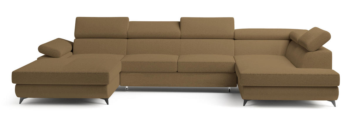 WOHNLANDSCHAFT RUBANO R-S Orange Boucle-Stoff mit Schlaffunktion - Orange, Holz (339/89/190cm) - MASSENO