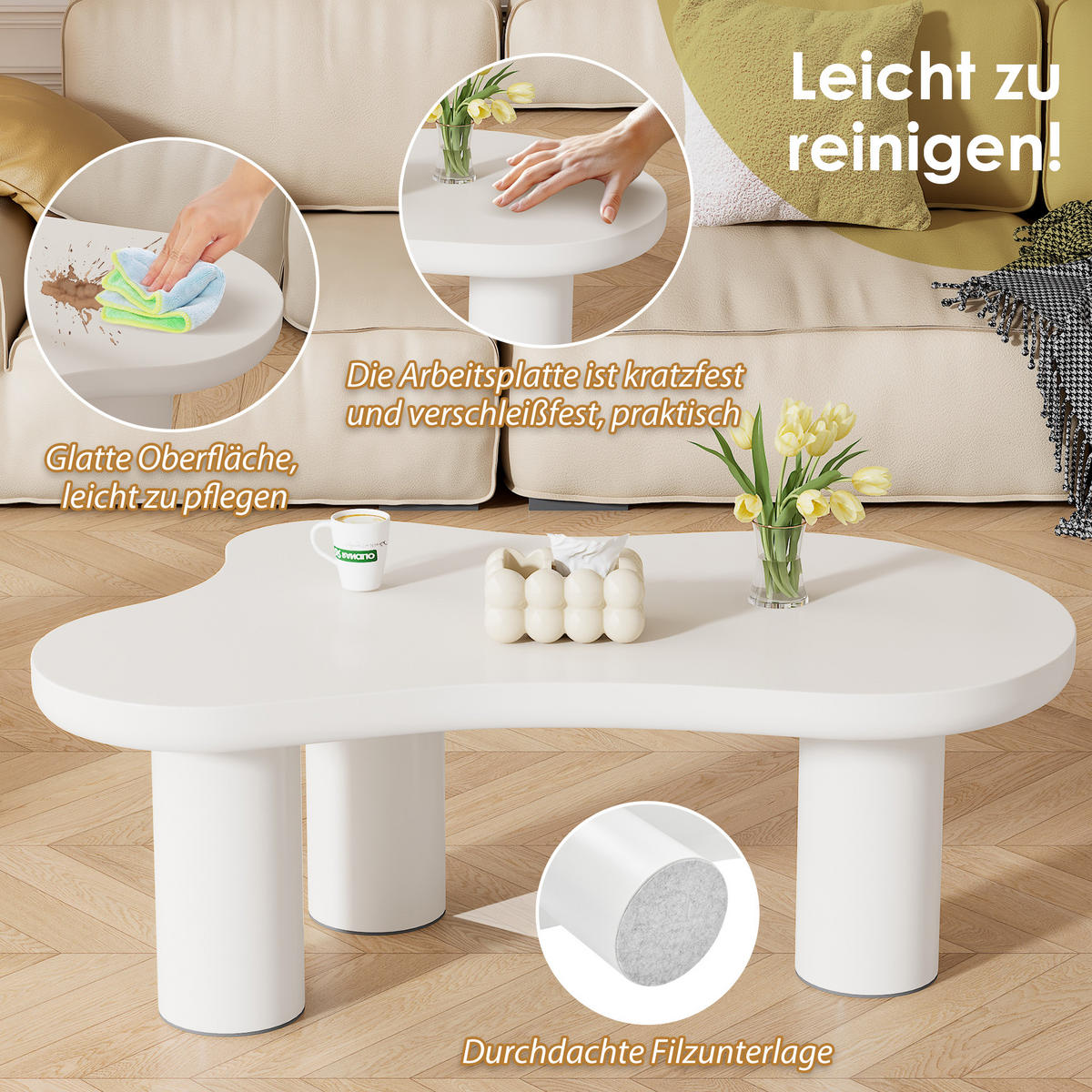 COUCHTISCH Wolkenform 107x66 MDF PVC Beine Filz - Weiß, Holzwerkstoff (107/66/40.5cm) - FLIEKS