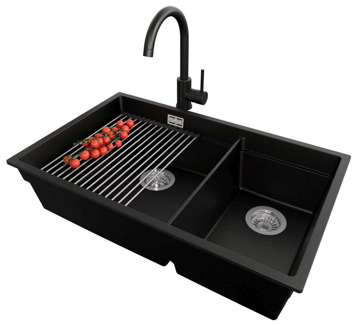 GRANITSPÜLE Praga Slim Duo, 2-er set Schwarz 76/47 cm 2 Becken + Küchenarmatur 32/20 cm + Ablauf-Set + Aufrollbare Abtropffläche ab 80er Unterschrank - Chromfarben/Schwarz, Kunststoff (76/20/47cm) - Primagran