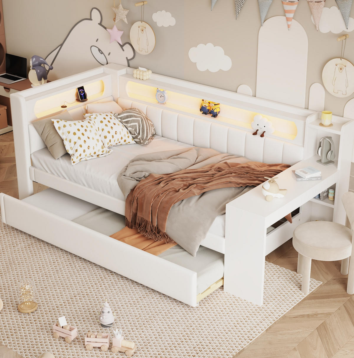POLSTERBETT 90/200 cm mit LED-Beleuchtung, USB und Ausziehbett in Weiß - Weiß, Holzwerkstoff (90/200cm) - BEAOK