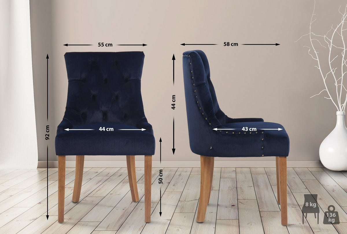 WOHNZIMMERSTUHL 4er Set Samt blau - Blau/Naturfarben, Holz/Textil (55/92/58cm) - CLP