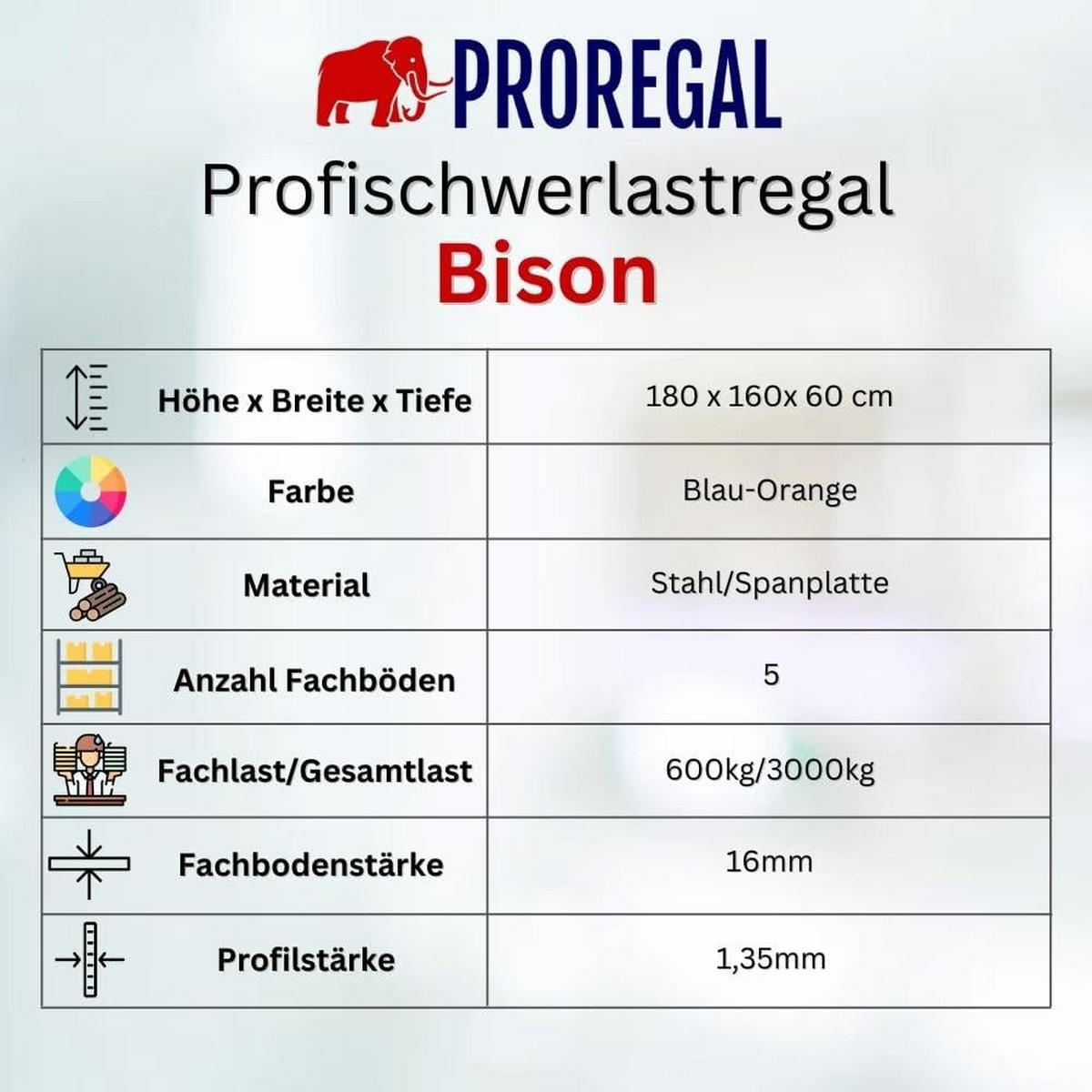 SCHWERLASTREGAL Bison 200x180x60 cm 4 Spanplatten-Ebenen 16mm Fachlast 600 kg Schwarz - Schwarz, Metall (180/200/60cm) - PROREGAL