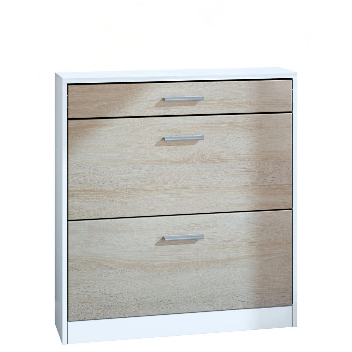 SCHUHSCHRANK Roma Schmal mit 2 Klappen und 1 Schublade, Platzsparender Schuhkipper, Weiß matt/Eiche Sägerau (89 x 95,5 x 23 cm) - Eiche San Remo, Holzwerkstoff (89/95.5/23cm) - InnoFurn