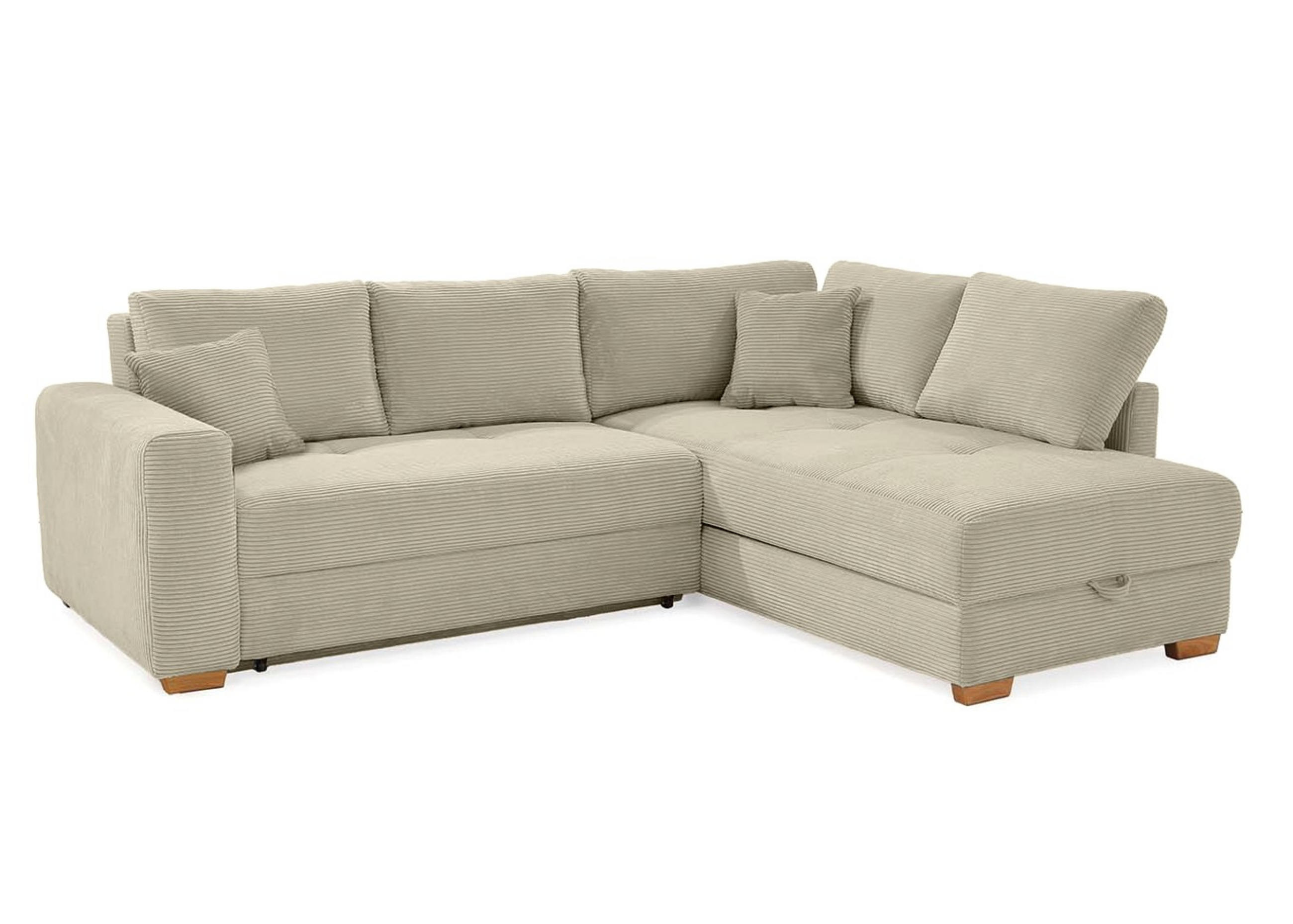 luma-home ROHOVÁ POHOVKA – PRO DLOUHODOBÉ SPÁNÍ: Boxspring, pružinová matrace, topper, úložný prostor, 257 × 206 × 85 cm (Š×H×V), manšestr béžovo-šedý