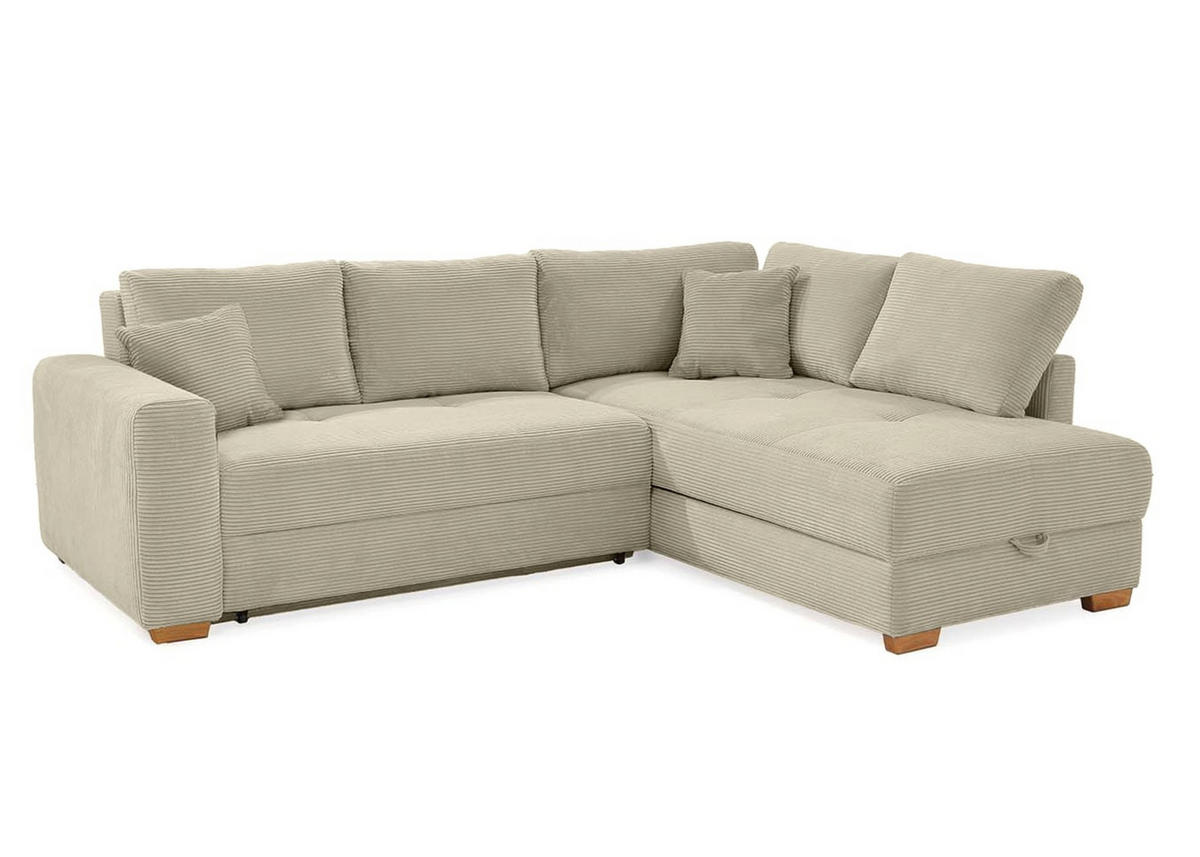 ECKSOFA-DAUERSCHLÄFER Boxspring Federkern Topper Bettkasten, seitenverkehrt montierbar B257/T206/H85 cm, Cord Beige Grau / 15212 - Greige/Eichefarben, Holz/Textil (257/206cm) - luma-home
