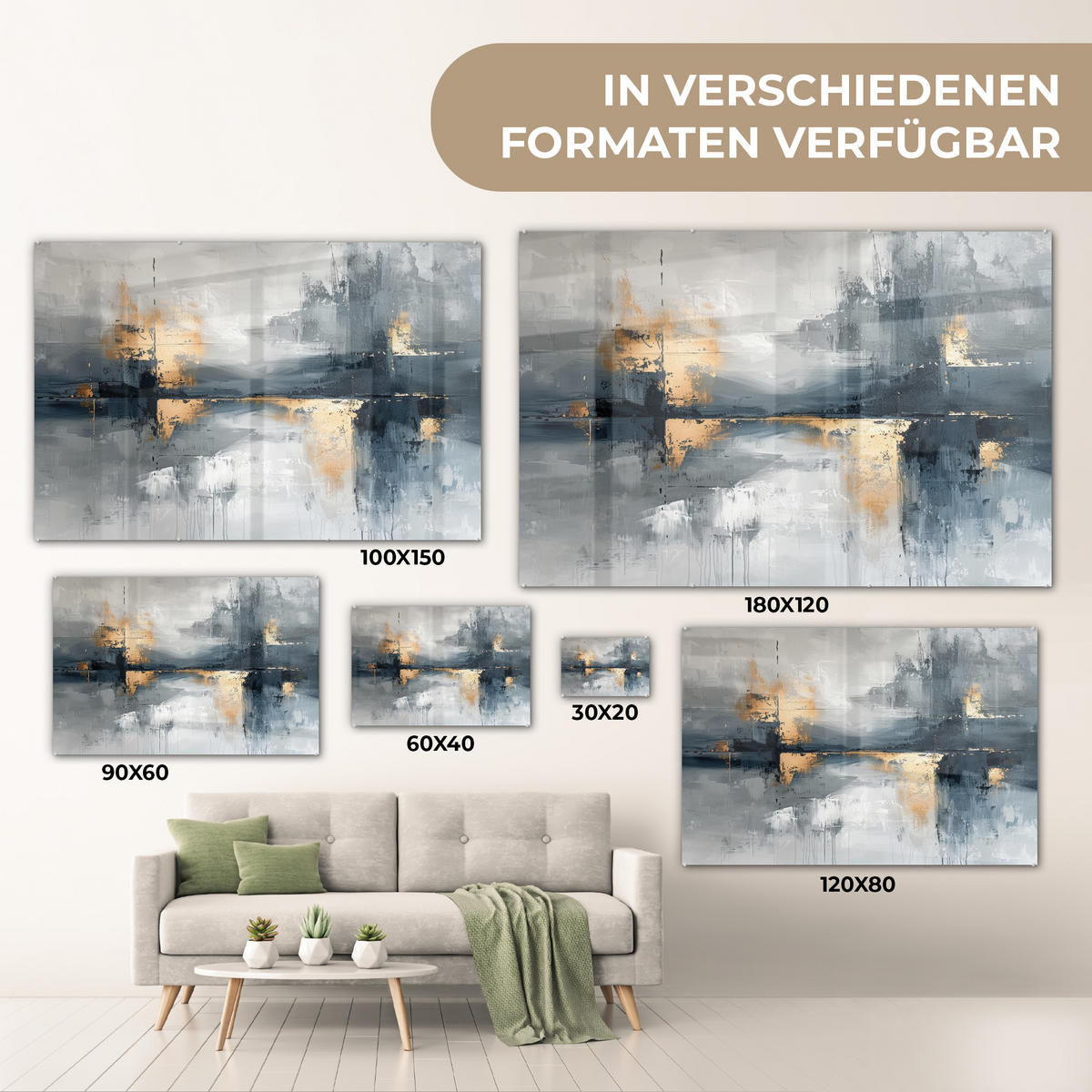 ACRYLGLASBILD Kunst - Grau - Gold - Abstrakt 90x60 cm - Dunkelgrau, Glas (90/60cm) - MuchoWow