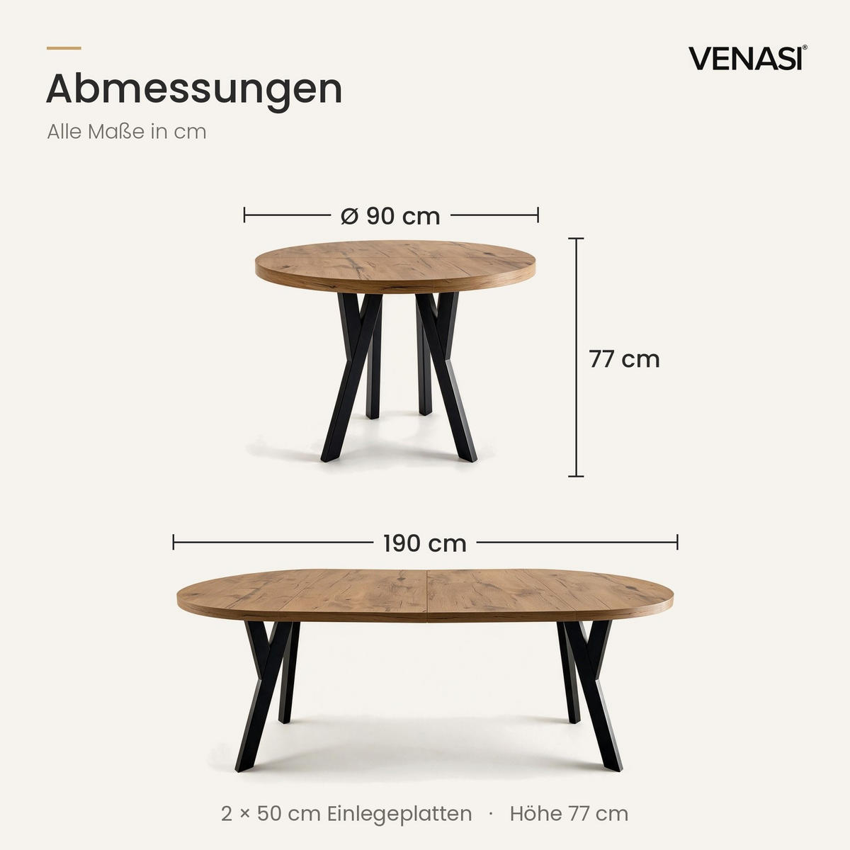 ESSTISCH ausziehbar rund 90-190 cm ATO Lancelot, Auszugstisch mit Einlegeplatte - Honigeiche/Schwarz, Holzwerkstoff (90/90/77cm) - VENASI MÖBEL