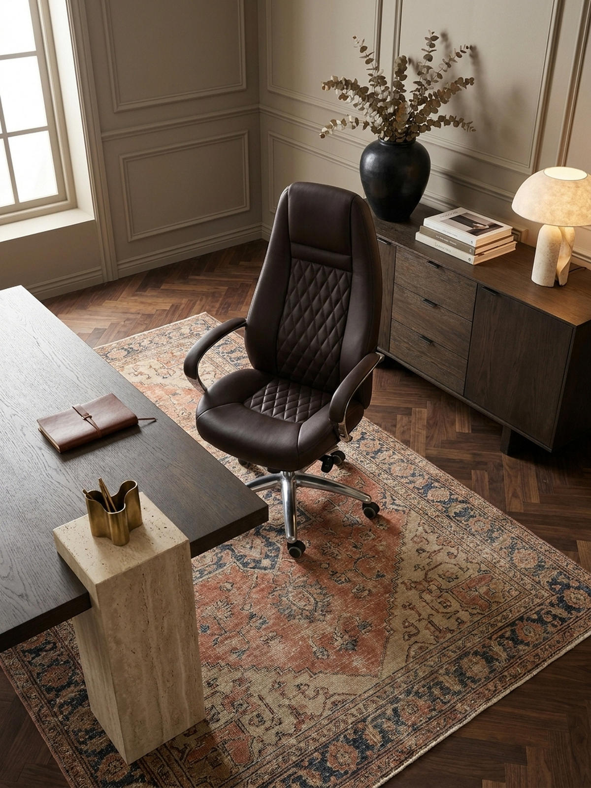 CHEFSESSEL Echtleder mit Aluminiumfußkreuz und ergonomischer Sitzform MADRID, Braun 70x68x130 cm - Silberfarben/Braun, Leder/Metall (70/130/68cm) - KADIMA DESIGN