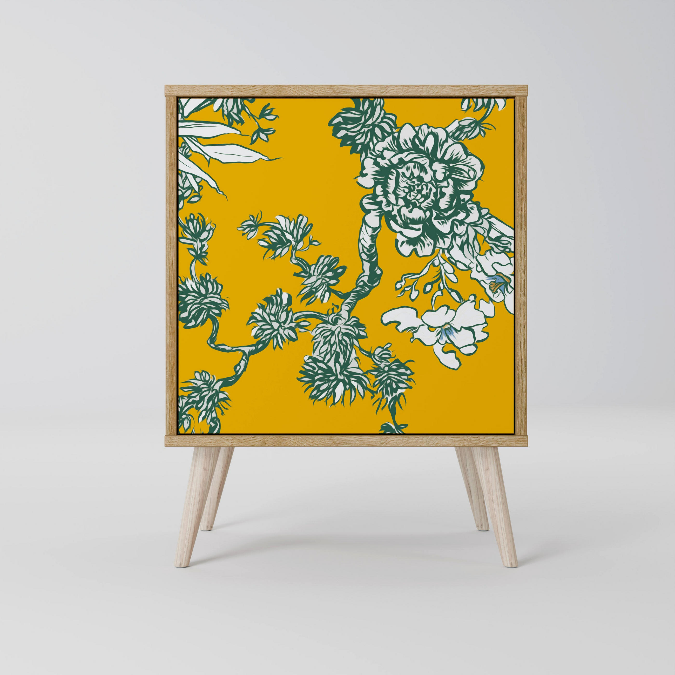 SIDEBOARD YELLOW CHINOISERIE, Eichefarben, 57,5x42x77,5 cm, Schräge Buchenholzfüße - Eichefarben/Buchefarben, Holzwerkstoff/Buchenholz (57.5/77.5/42cm) - SpaceRebels