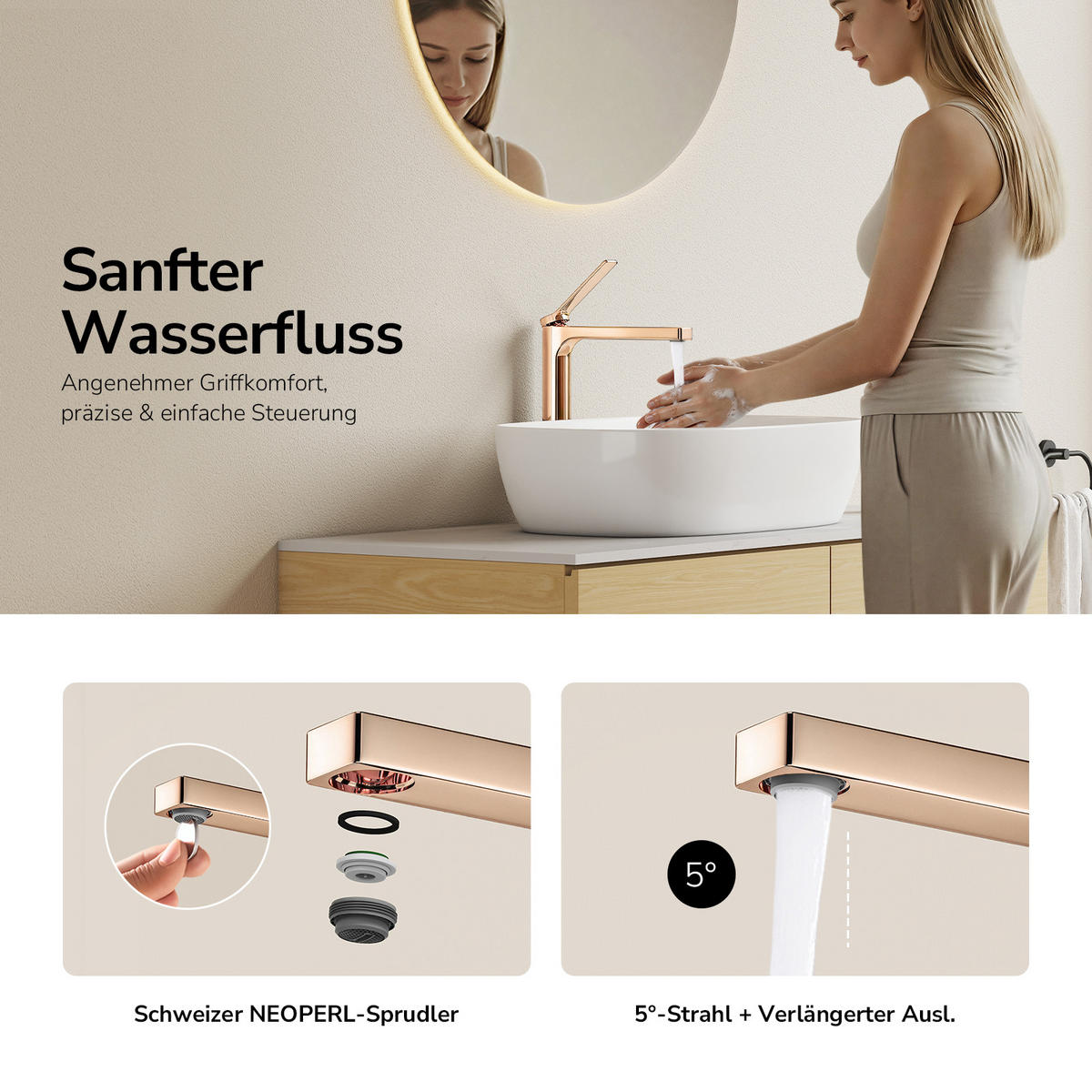 WASCHTISCHARMATUR mit Zertifiziertem Filterelement Rosengold Hoher Stil - Roségold, Metall (23.3/4.6/33.5cm) - EMKE