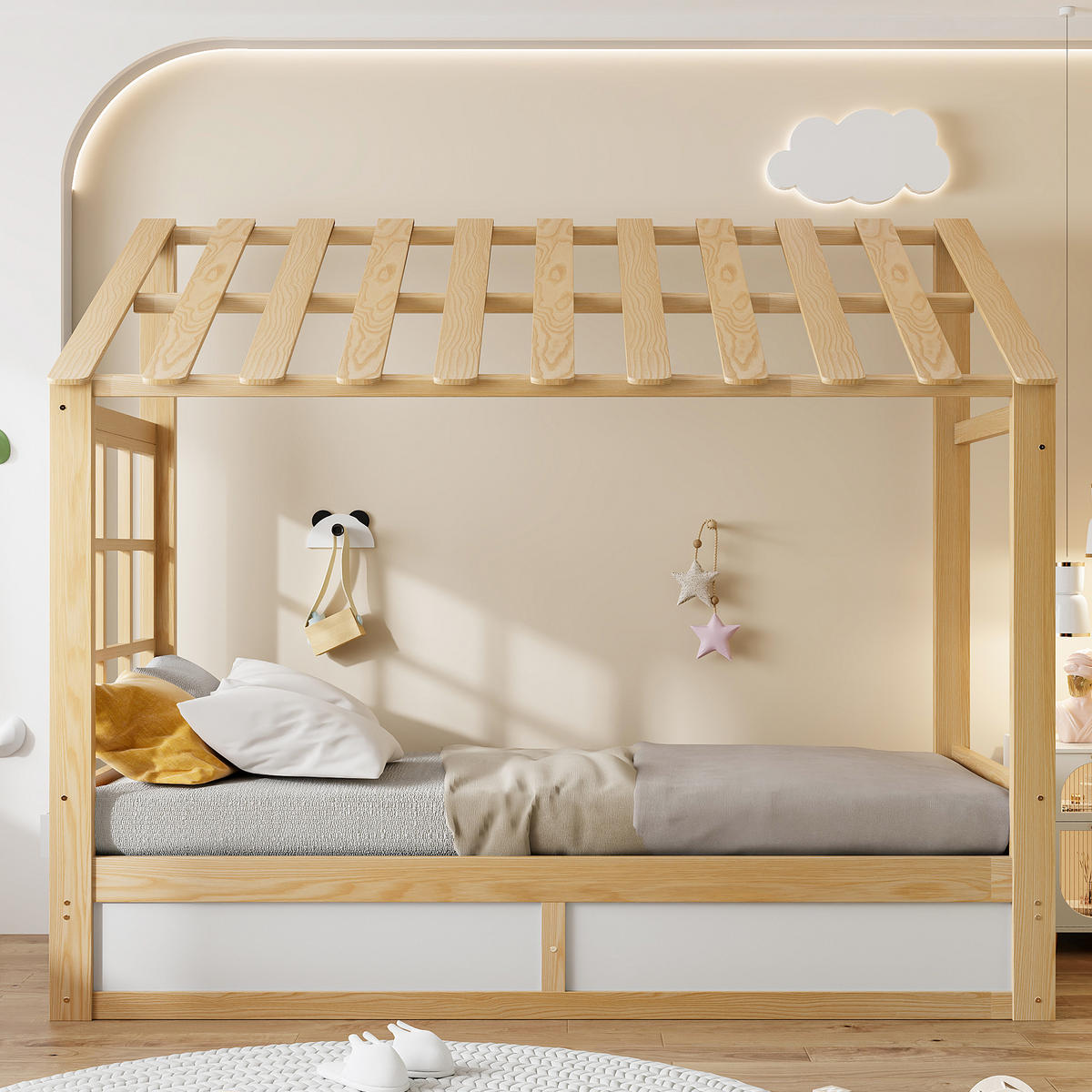 HAUSBETT 90/200 cm mit Dach und Stauraum, DE-41620, in Holzfarbe/Weiß - Naturfarben, Holzwerkstoff (90/200cm) - ComfortXL