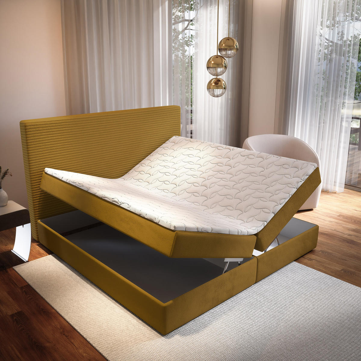 BOXBETT GIARRO 160x200 cm mit Matratze und Topper - Gelb - Gelb, Holz (160/200cm) - MASSENO