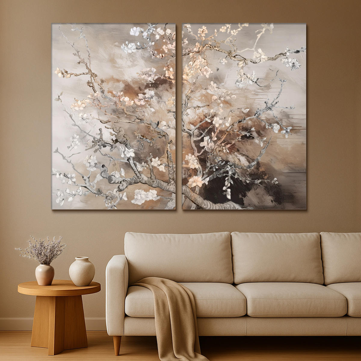 LEINWANDBILD 2er Set Mandelblüte - Abstrakt - Beige 240x180 cm - Beige, Textil (240/180cm) - MuchoWow