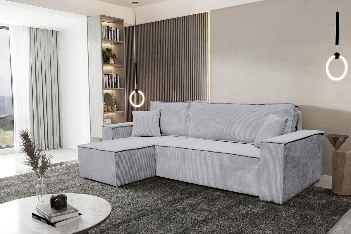 ECKSOFA Hugo L in L-Form mit Schlaffunktion und Bettkasten, Farbe: Hellgrau, Cordstoff, Ottomane Unsiversal - Hellgrau, Textil (244/145cm) - VENASI MÖBEL