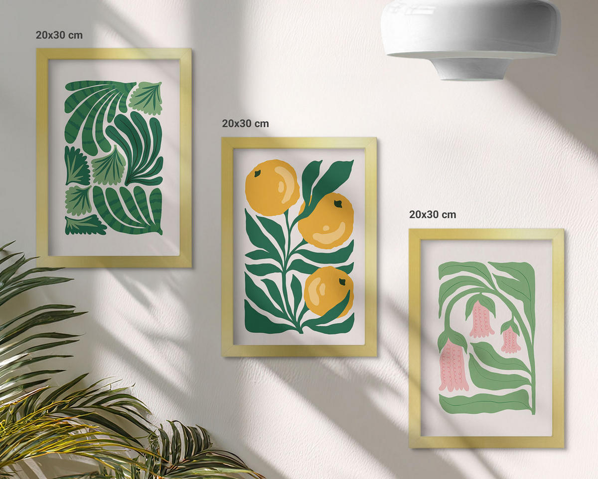 BILDER SET 3er Set - 20x30 cm Goldrahmen - Minimalistische Pflanzenmuster - Goldfarben, Kunststoff (20/30cm) - TULUP