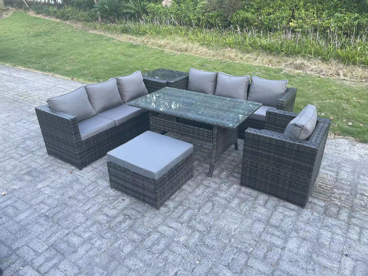 LOUNGEGARNITUR mit Hocker Polyrattan Dunkelgrau 8-Sitzer - Dunkelgrau/Grau, Glas/Kunststoff - Fimous