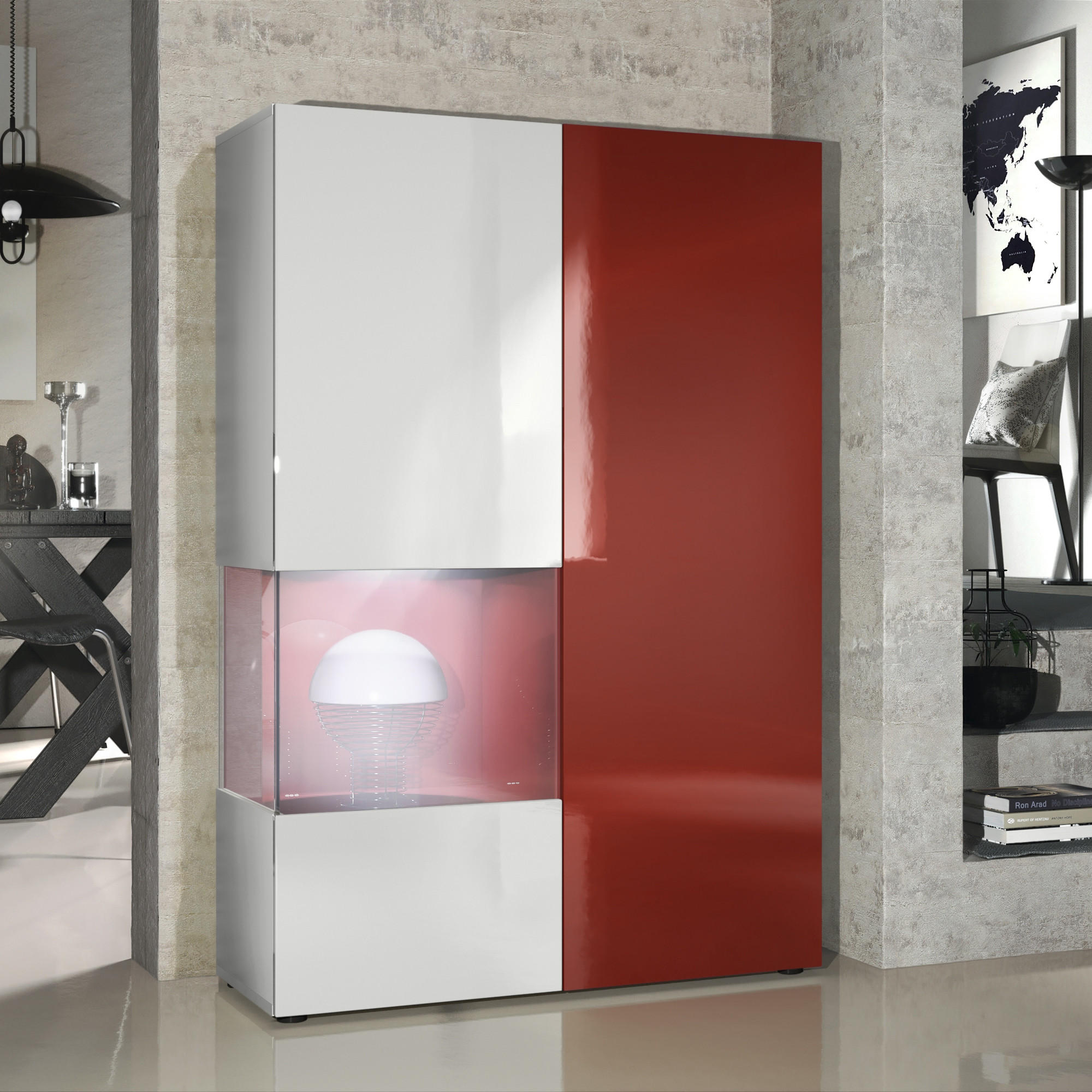 VITRINE Morena Tür und Einsatz in Bordeaux Hochglanz - Bordeaux, Holzwerkstoff (91.5/136.5/37cm) - Vladon