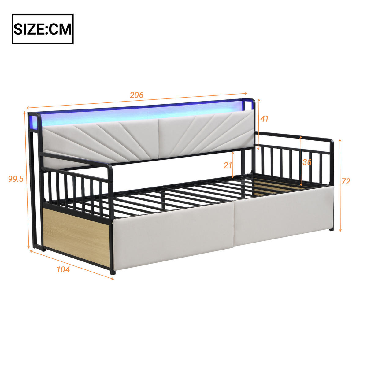 EINZELBETT 90x200cm mit Schubladen, Metallbetthalter，Beige - Beige, Metall (90/200cm) - KOMHTOM