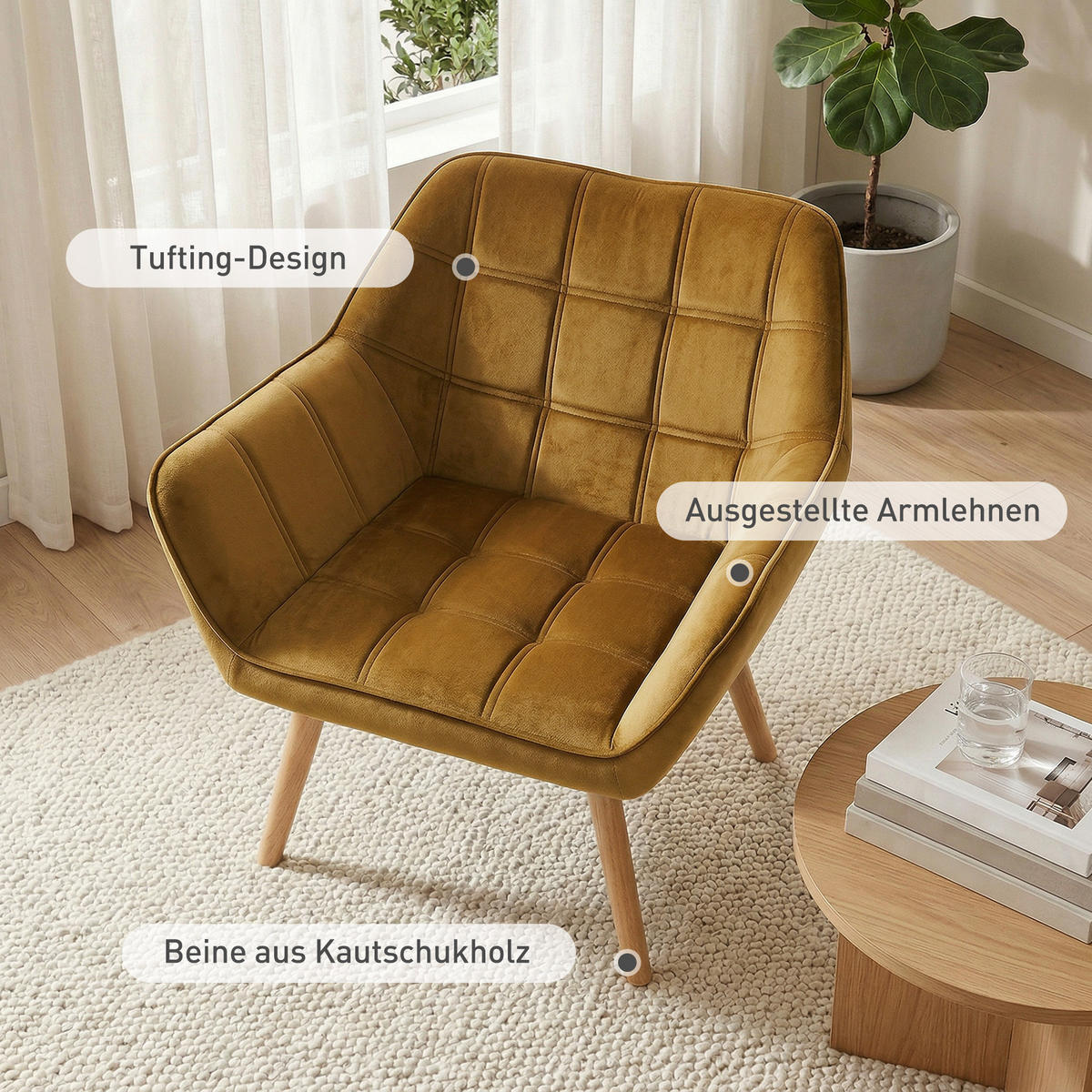 ARMLEHNENSTUHL DE-06807 Skandi Design mit Samtoptik und Kautschukholzbeinen Gelb - Gelb, Holz/Textil (61.5/71/67cm) - ComfortXL
