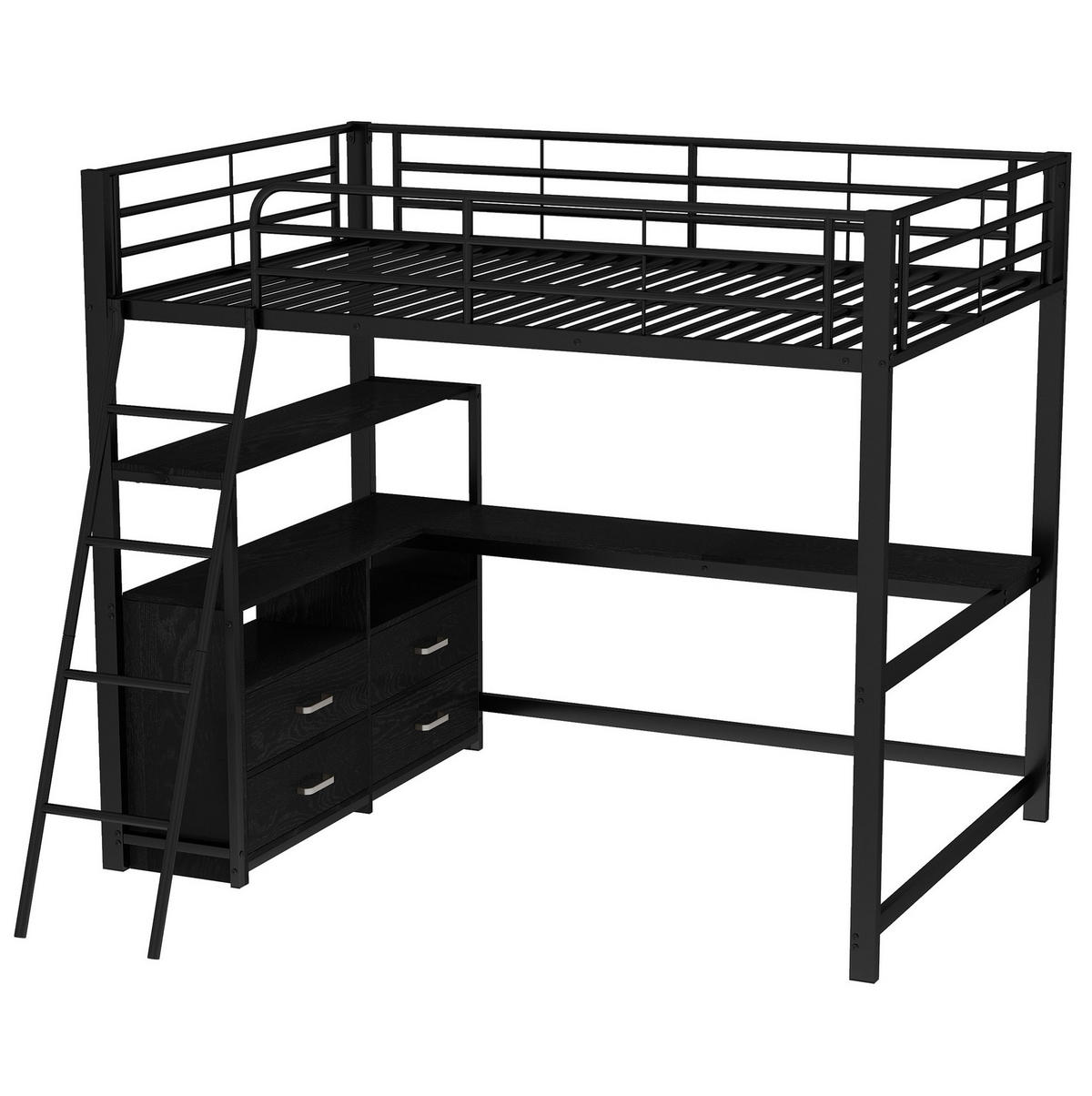 HOCHBETT 140/200 cm Schwarz aus Metall und MDF mit L-förmigem Schreibtisch - Schwarz, Metall (140/200cm) - OKMYHOME