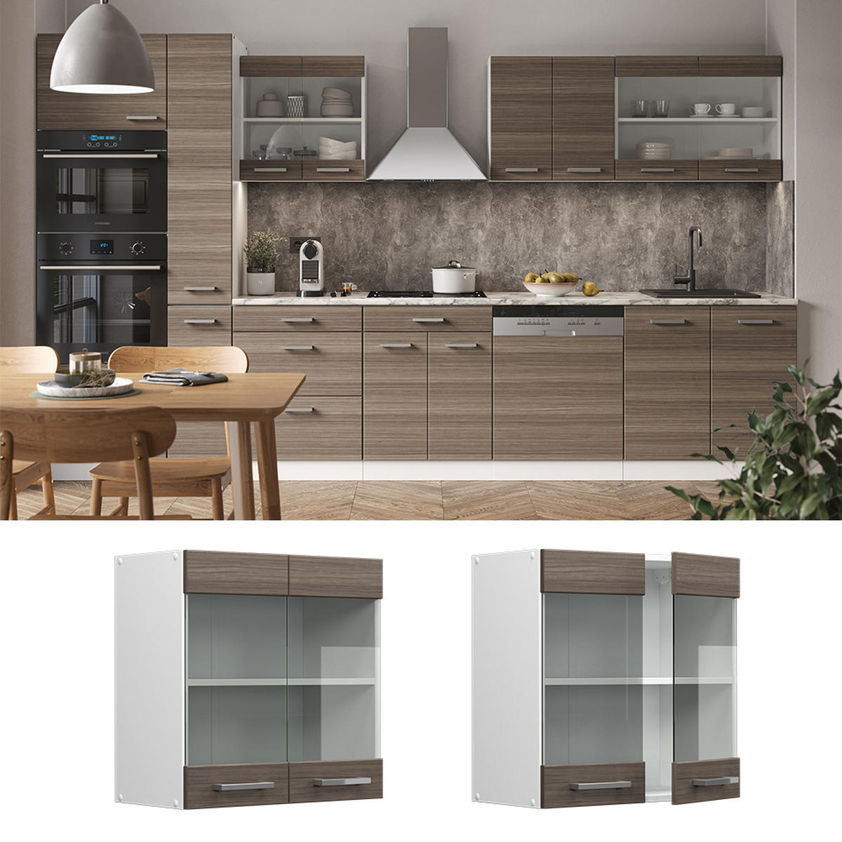 KÜCHENGLASSCHRANK R-Line Grau 60 cm - Weiß/Braun, Holzwerkstoff (60/60/31cm) - Vicco
