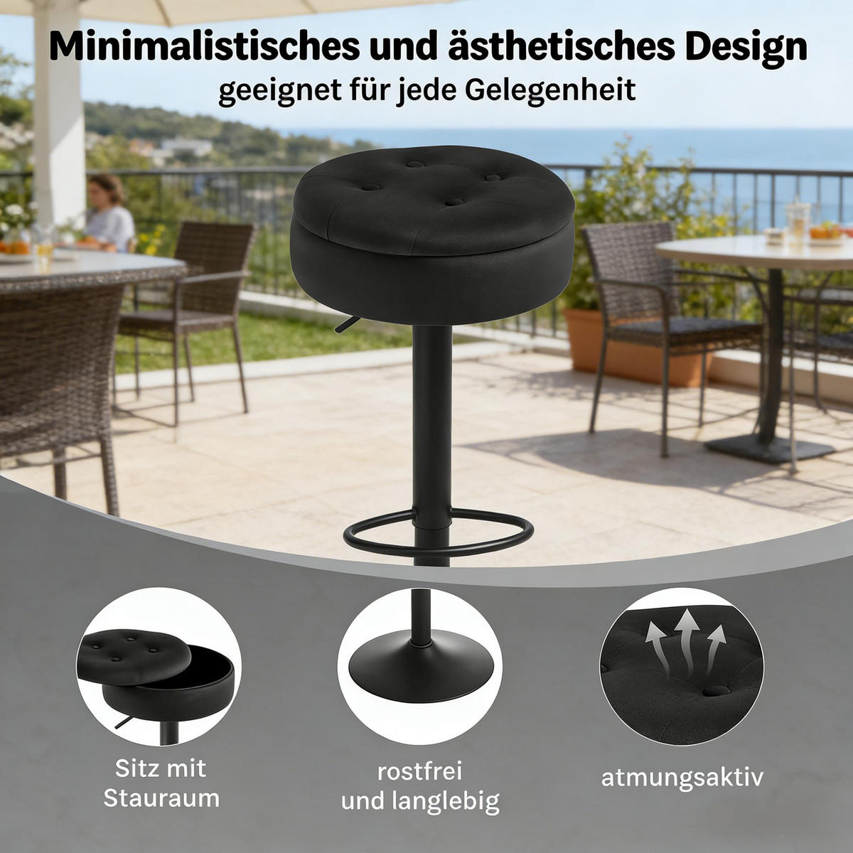 BARHOCKER 1er-Set Schwarz aus Samt drehbar höhenverstellbar mit Aufbewahrungsraum - Schwarz, Metall (39/79.5/39cm) - PANGIVO