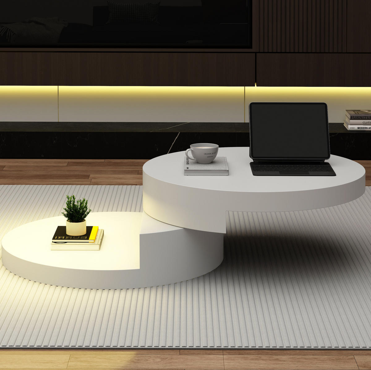 COUCHTISCH 70/70/35,5 cm mit 360° drehbarer Tischplatte, LED-Beleuchtung und 2 Ebenen aus MDF, Weiß - Weiß, Holzwerkstoff (70/70/35.5cm) - Redom
