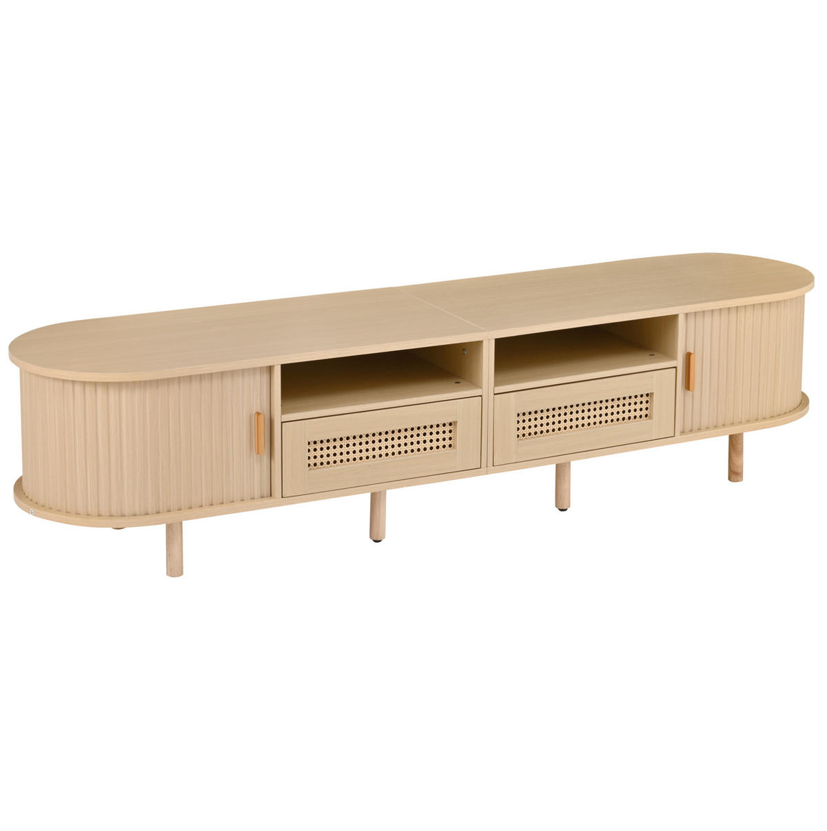 TV stolek 170/40/40 cm se 2 zásuvkami, 2 posuvnými dvířky a ratanovým dekorem, světlý dub - přírodní, kompozitní dřevo (170/40/40cm) - Redom