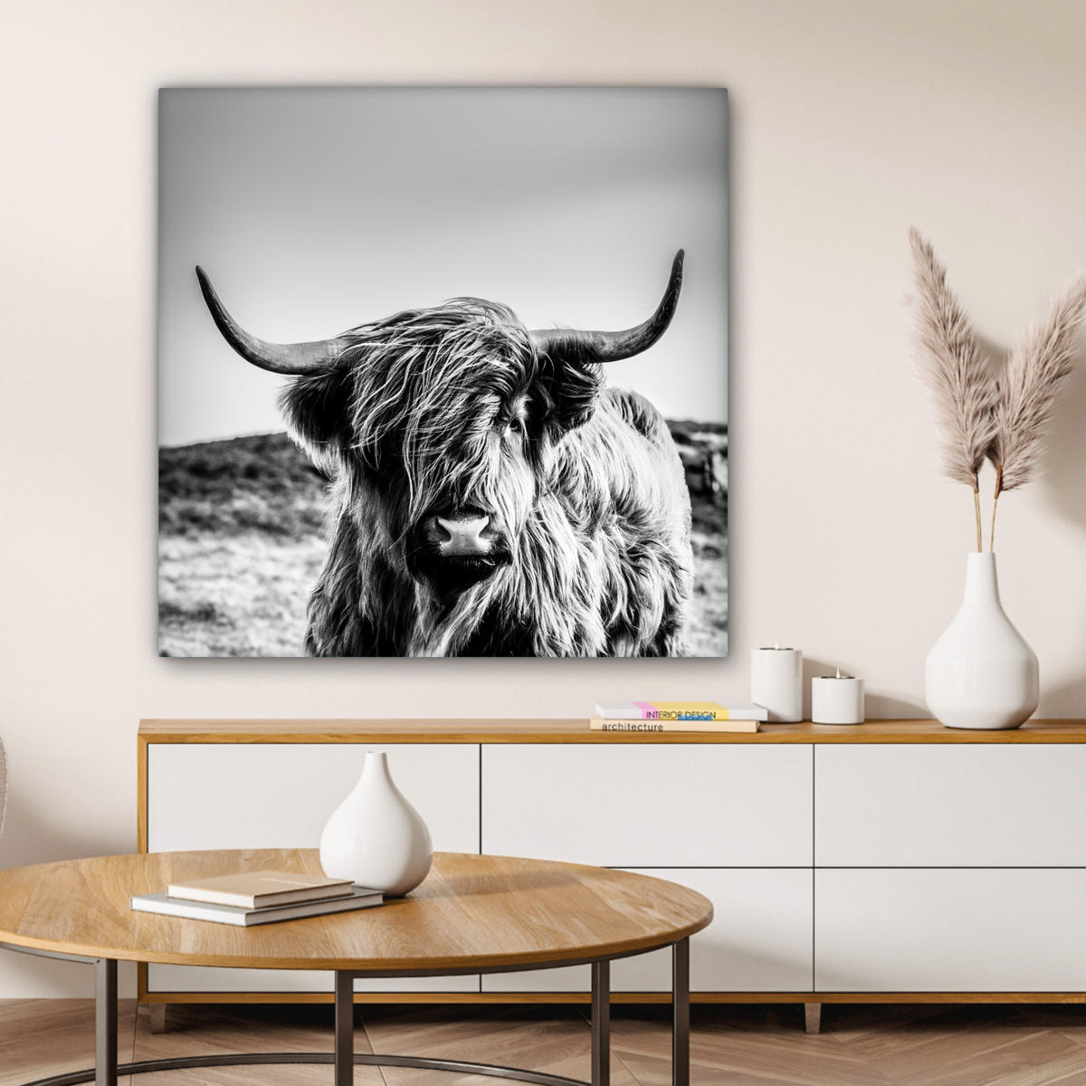 OBRAZ NA PLÁTNĚ Kráva - Skotský horal - Černá - Bílá - Zvíře - Příroda - Divoká zvěř 90x90 cm - černá, textil (90/90cm) - MuchoWow