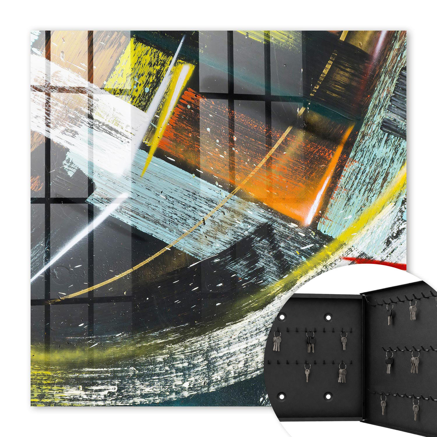 SCHLÜSSELBOX Schwarz 30x30 cm- Türöffnung nach rechts - Farbenfroher Wirbel - Schwarz, Metall (30/30/5cm) - TULUP