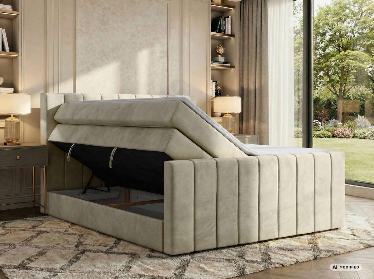 BOXSPRINGBETT ALVER KING DUO 140/200 - Beige Velvet - Topper T25 - H3 - Beige/Schwarz, Kunststoff/Textil (140/200cm) - MKS