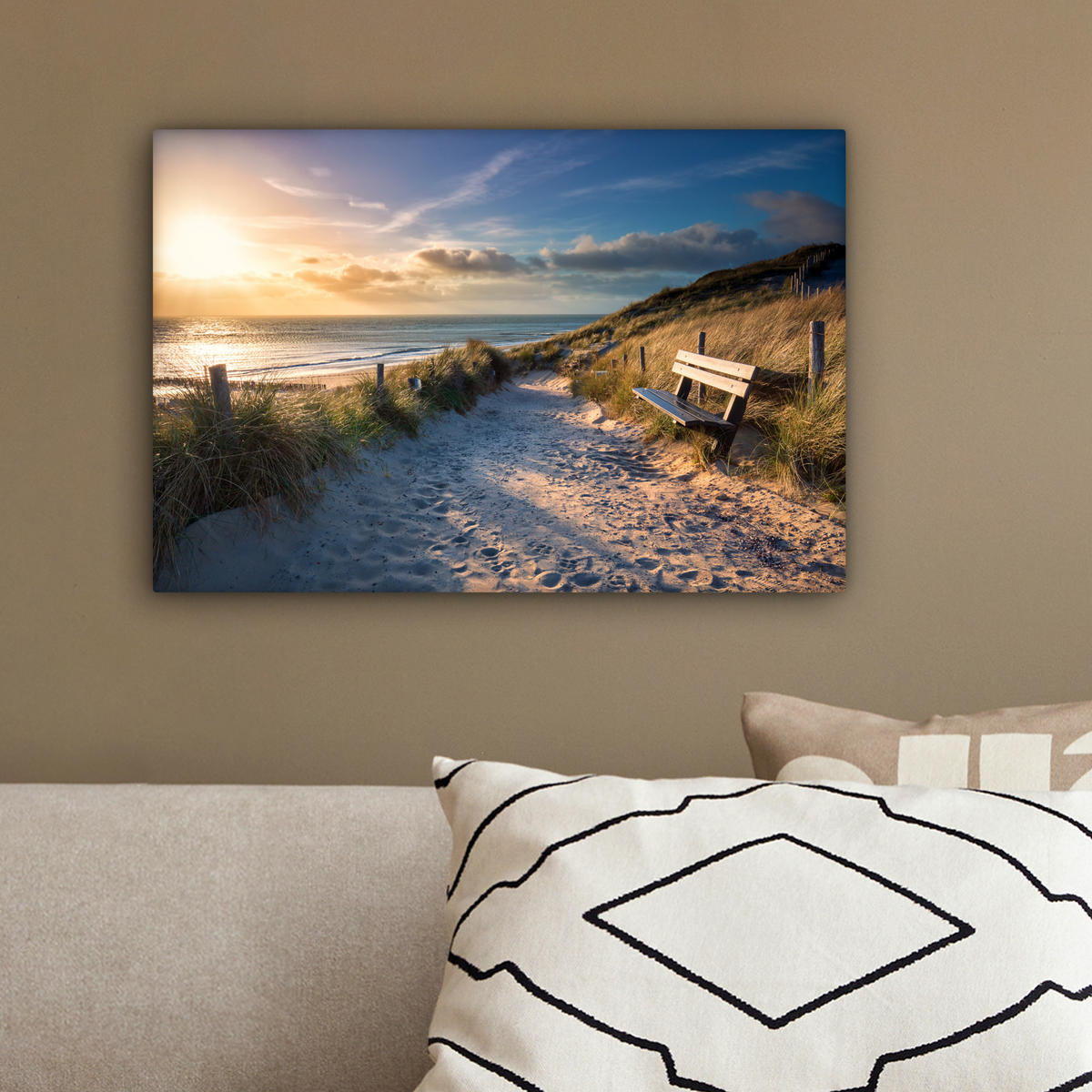 LEINWANDBILD - Sonnenuntergang - Strand - Düne - Gras - Ufer - 30x20 - Deko XXL - Sandfarben, Textil (30/20cm) - MuchoWow