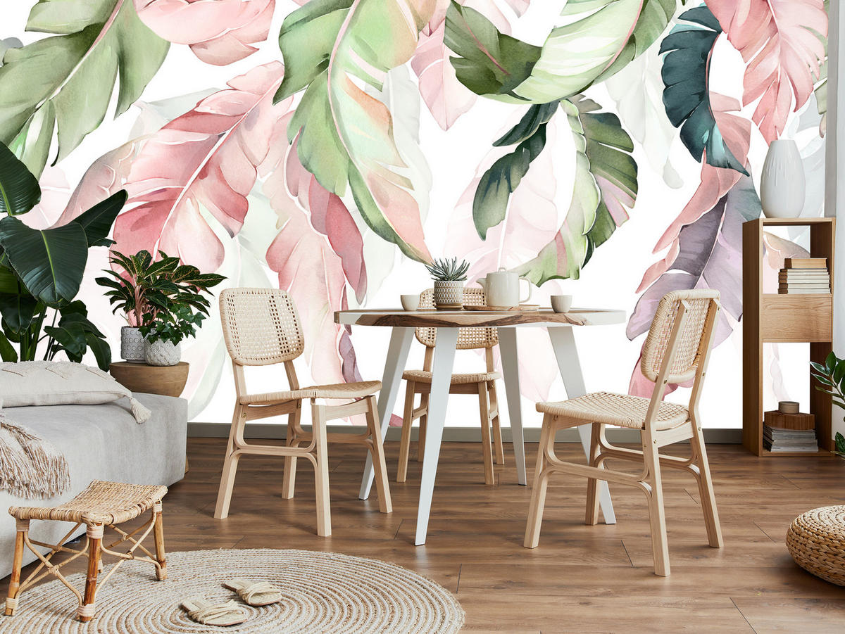 FOTOTAPETE für Esszimmer Bunte Bananenblätter Pflanzen Natur 500x350 - Violett/Rosa, Papier (500/350cm) - Muralo