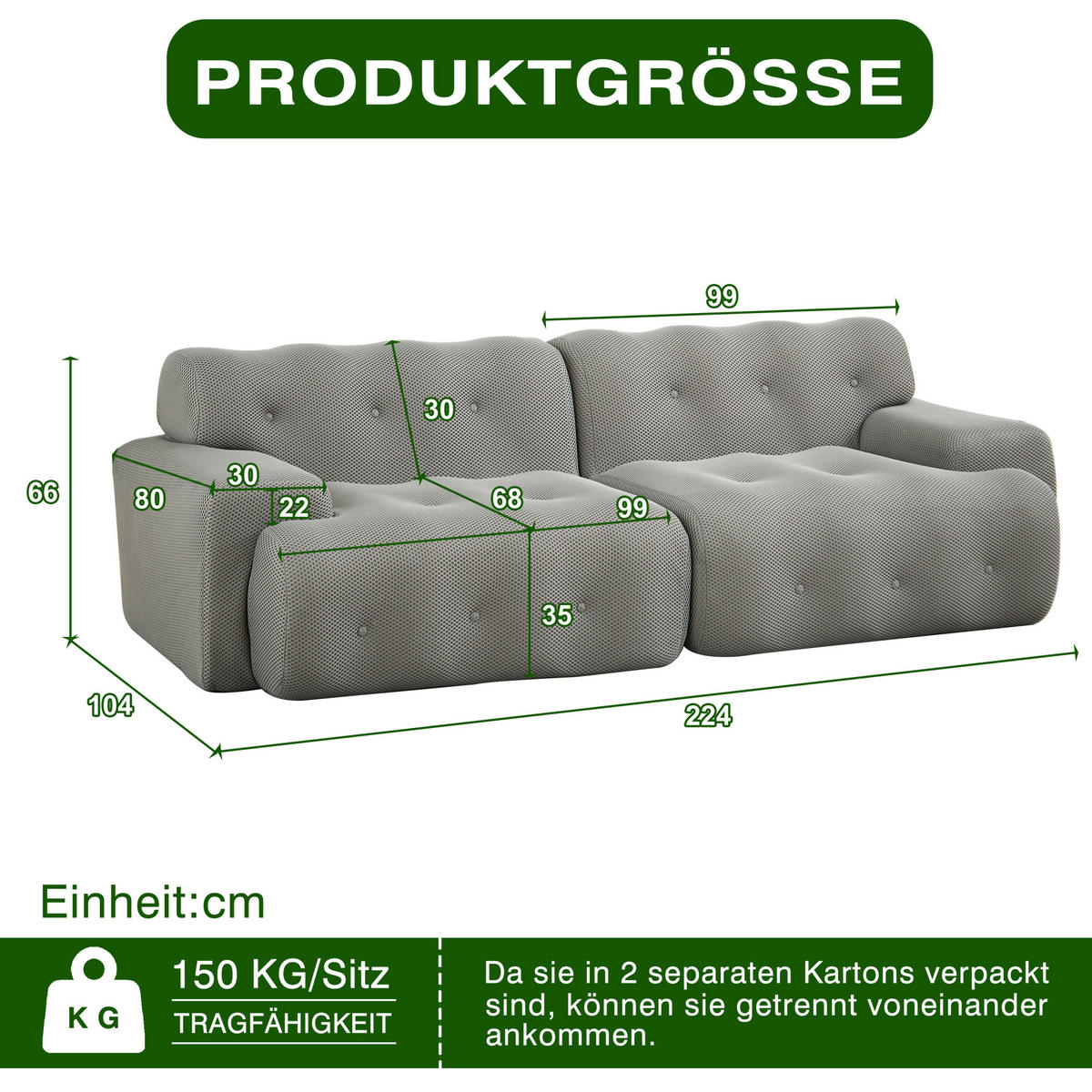 POHOVKA 224/104/66 cm šedá z látky se širokými područkami a bez montáže - šedá, textil (104/66/224cm) - OKWISH