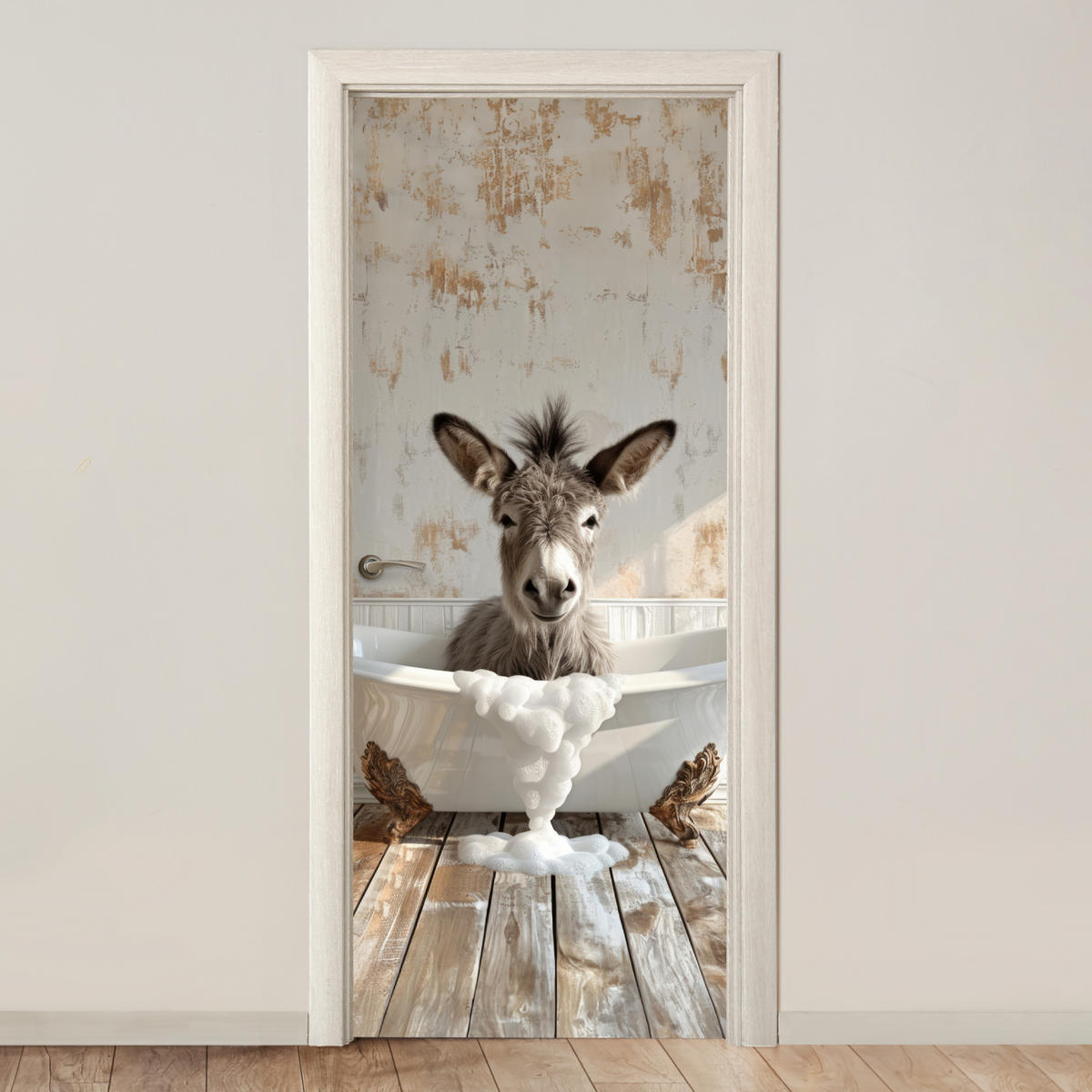 TÜRAUFKLEBER Esel - Tier - Vintage - Badewanne Deko Wohnzimmer 95x235 cm - Türtapete - Eichefarben, Kunststoff (95/0.1/235cm) - MuchoWow