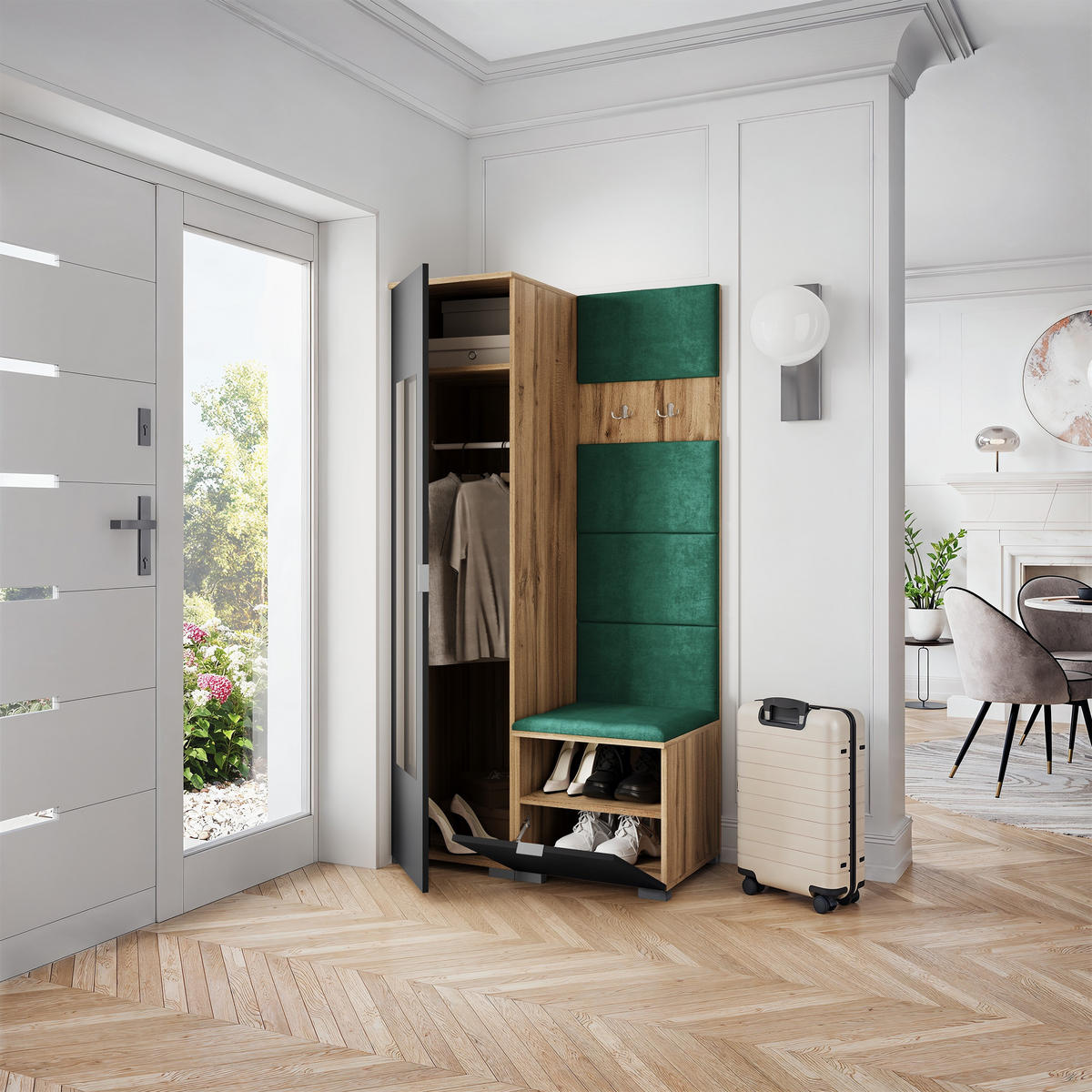 GARDEROBENSCHRANK VIRA 95/181/51 cm Modern Garderobe-Set Eiche Wotan - Eiche Wotan/Schwarz, Holzwerkstoff (95/181/51cm) - MASSENO