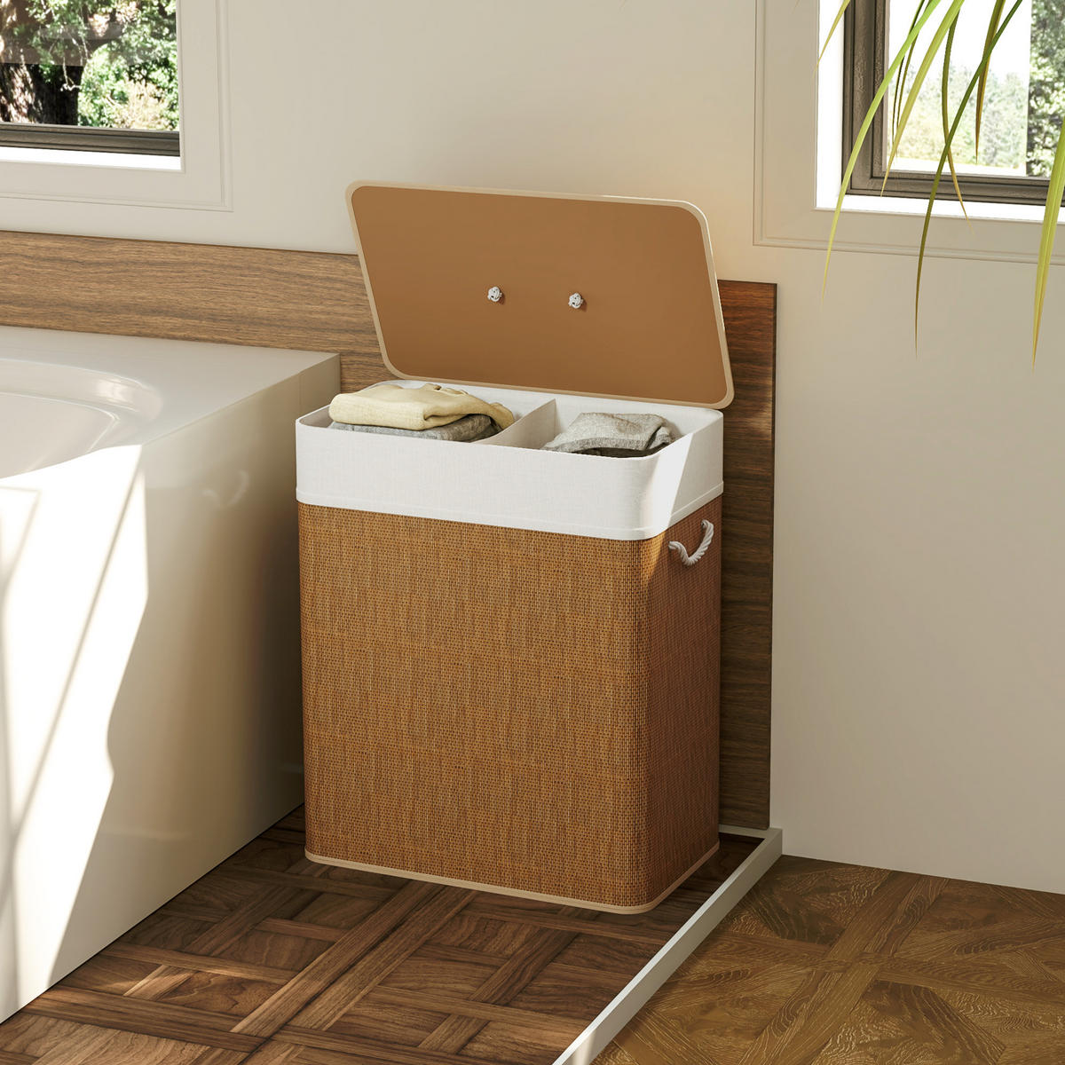 BAMBUS Wäschekorb mit Deckel 2 Fächer 100 L Braun - Braun, Naturmaterialien (52/63/32cm) - HOMCOM