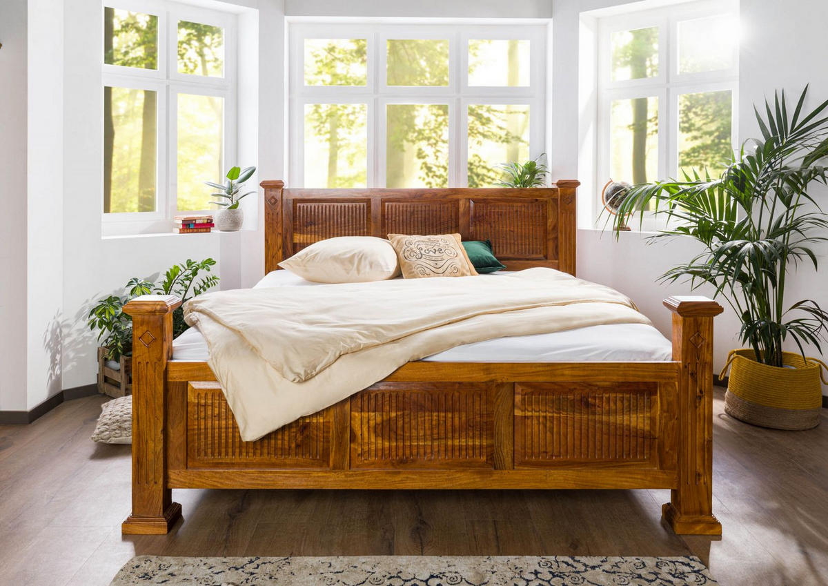 BETT Massivholz Akazie 200 x 200 x 114 hellbraun OXFORD #0133 - Braun, Holz (200/200cm) - Massivmoebel24