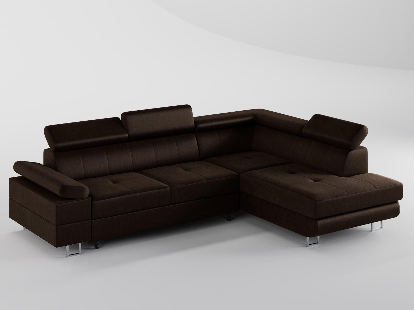 ECKSOFA CAROLINE Rechts Braun Velours-Stoff mit Schlaffunktion und Bettkasten - Chromfarben/Dunkelbraun, Textil (253/190cm) - Barchello