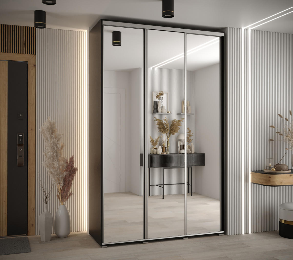 SCHWEBETÜRENSCHRANK 235,2/160/45 3-türig - Silberfarben/Schwarz, Holz/Metall (160/235/45cm) - Abiks Möbel