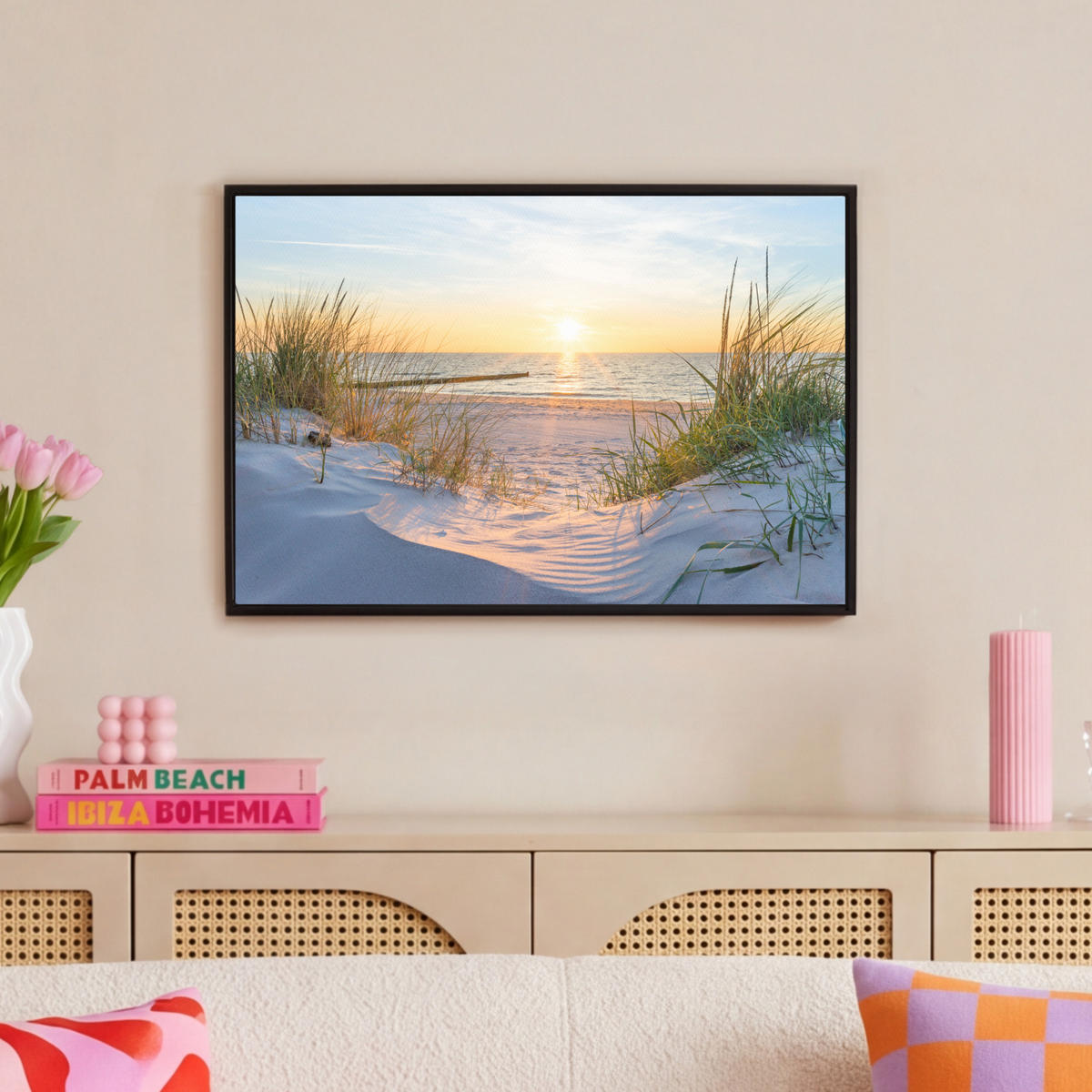 LEINWAND Bilder mit Rahmen - Strand - Sonne - Düne - Gras - Sand - Horizont - 60x40 - Hellblau, Textil (60/40cm) - MuchoWow