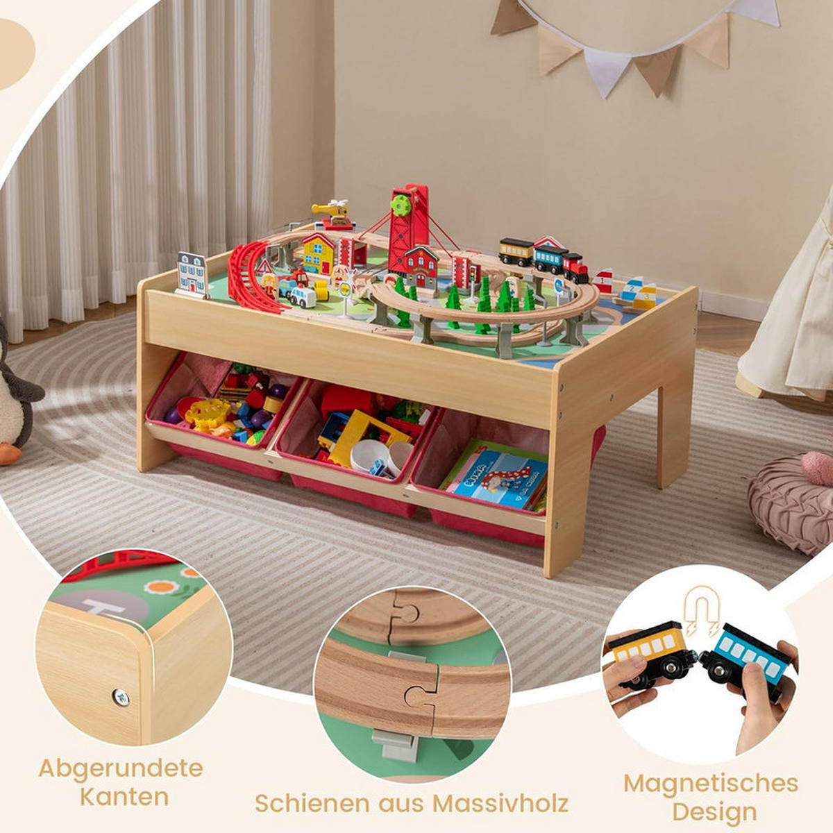 EISENBAHN‑SET aus Holz natur(94-tlg) - Naturfarben, Holzwerkstoff (92/40/64cm) - COSTWAY