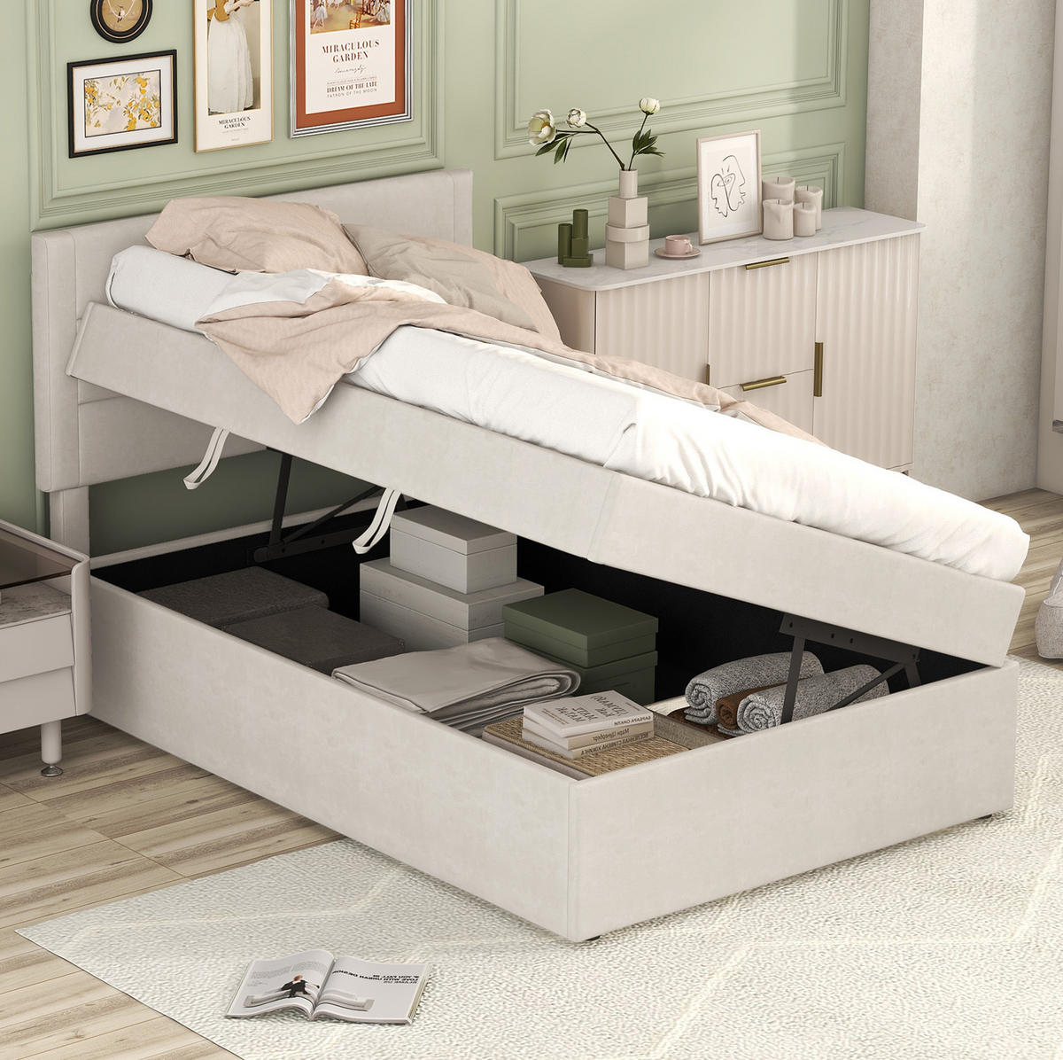 POLSTERBETT 90/200 cm Beige mit Stauraum und Lattenrost - Beige, Holzwerkstoff (90/200cm) - Flora Grace